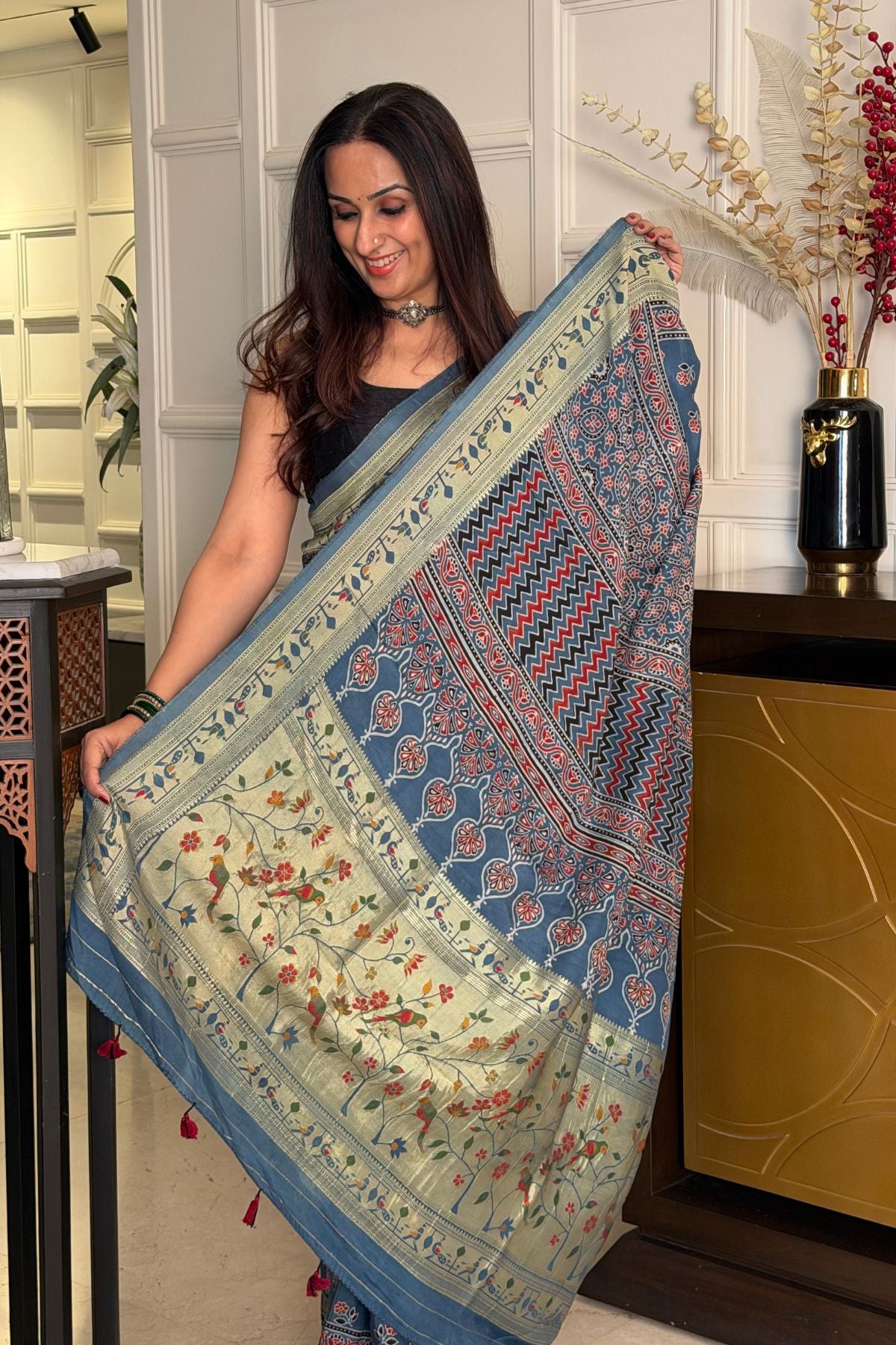 Handblocked Ajrakh with Paithani weave on pure modal saree!!