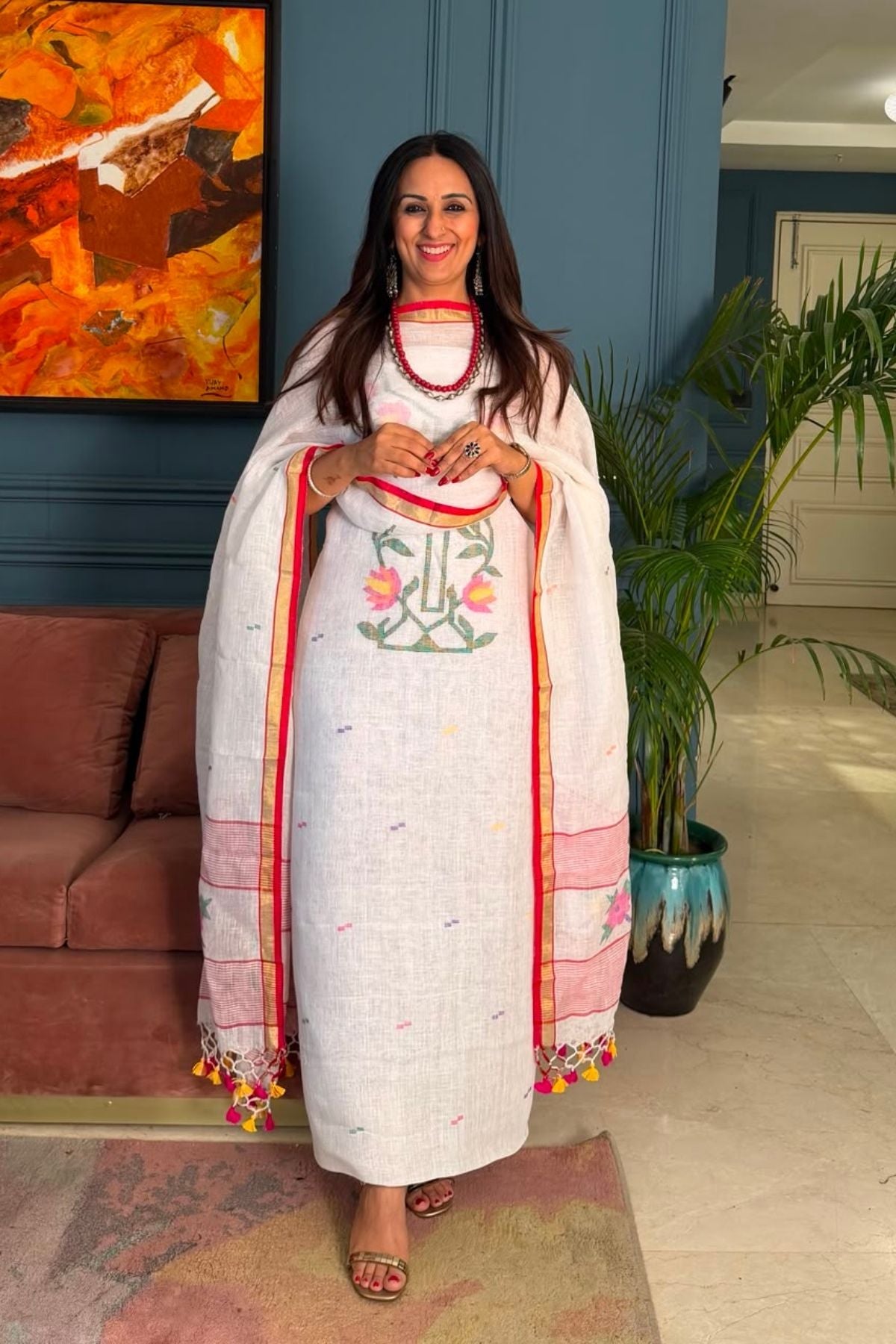 Jamdani weave kurta dupatta set on 100 count linen by linen!!