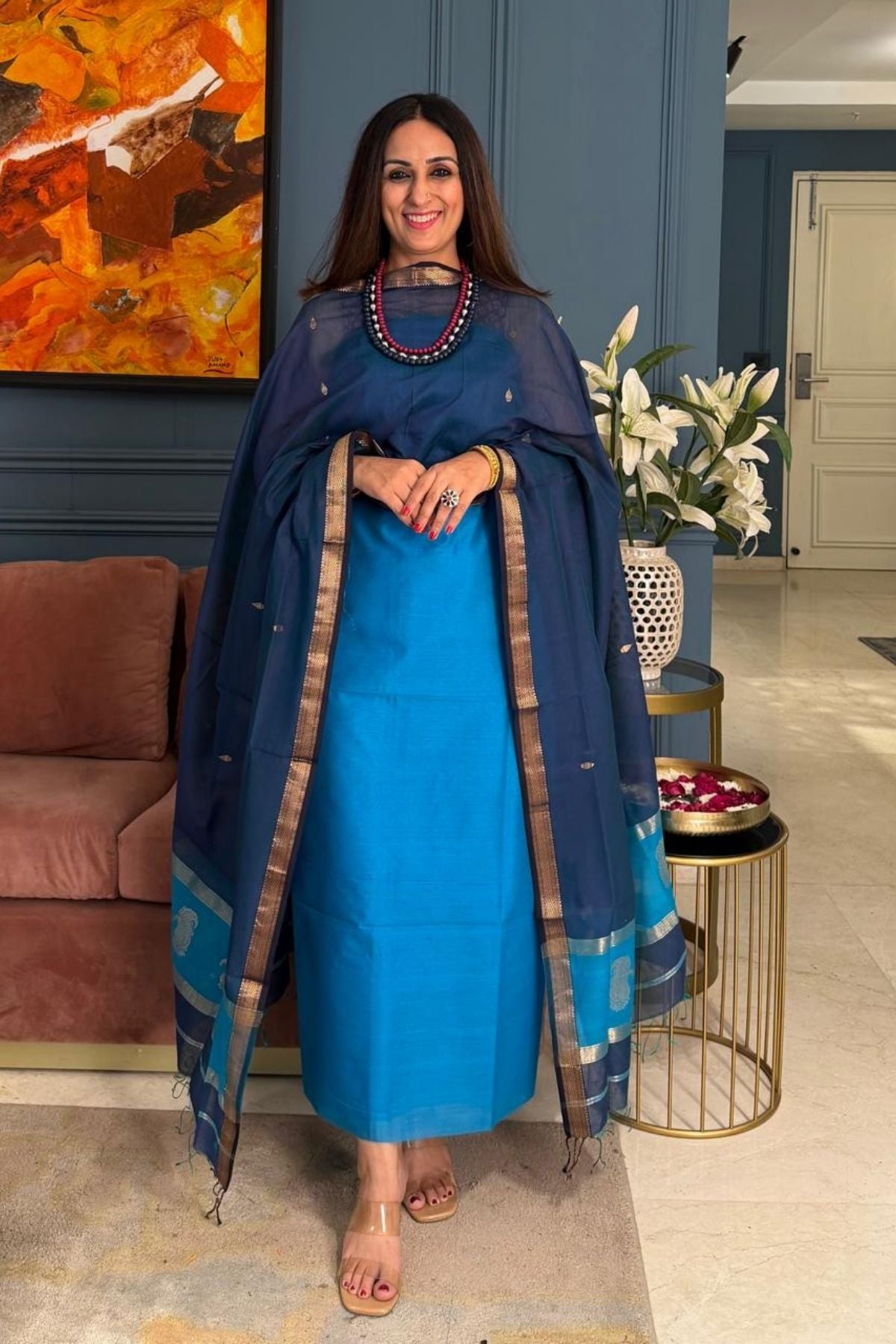 Maheshwari handloom silk by cotton kurta dupatta set