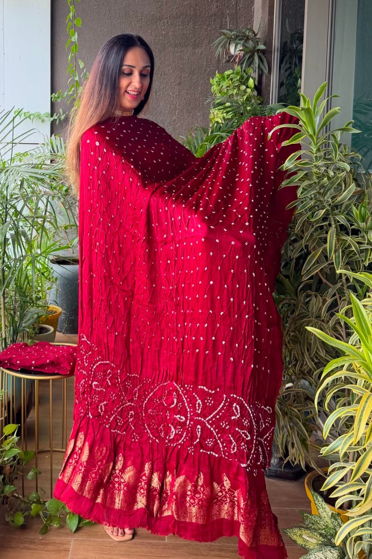 Pure modal silk full set with hand done bandhani and zari weaving!!