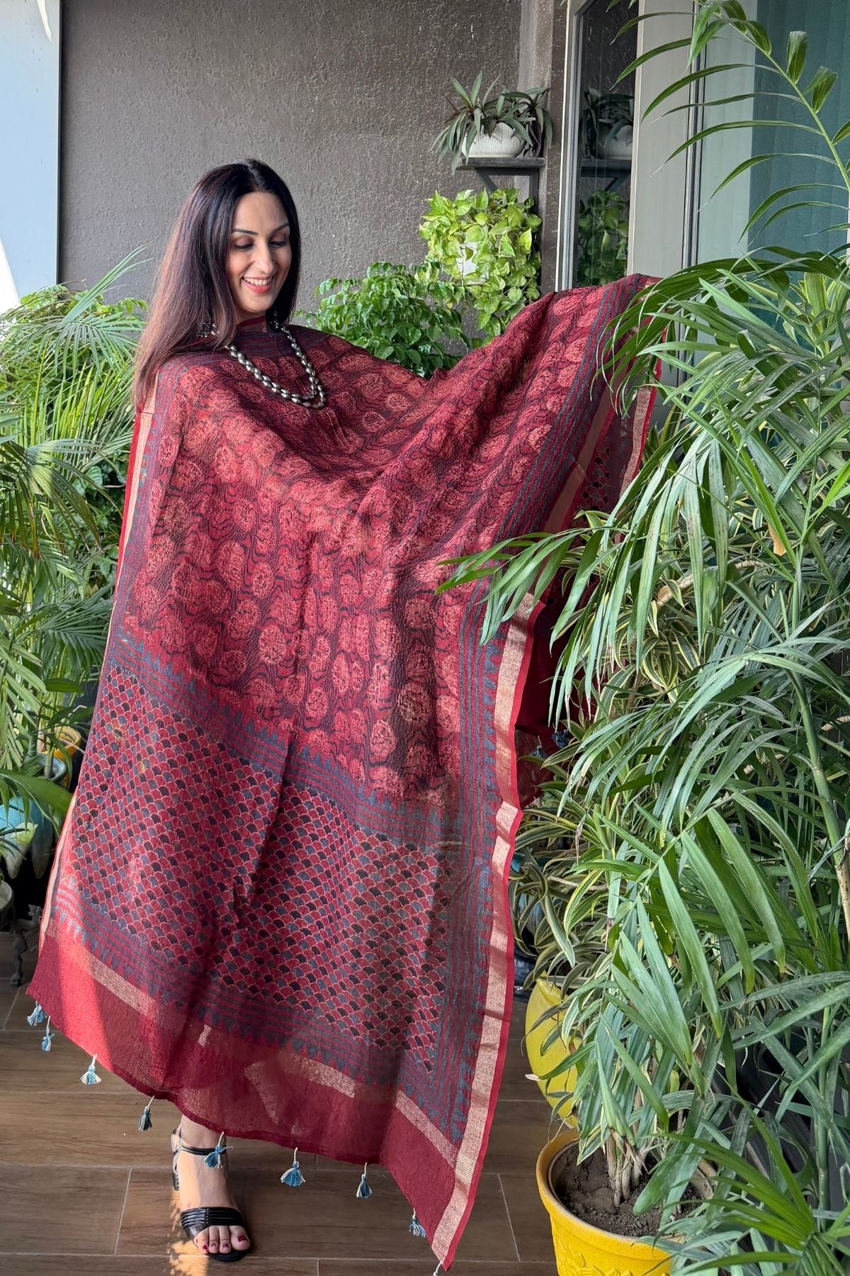 Ajrakh On Pure Linen Silk