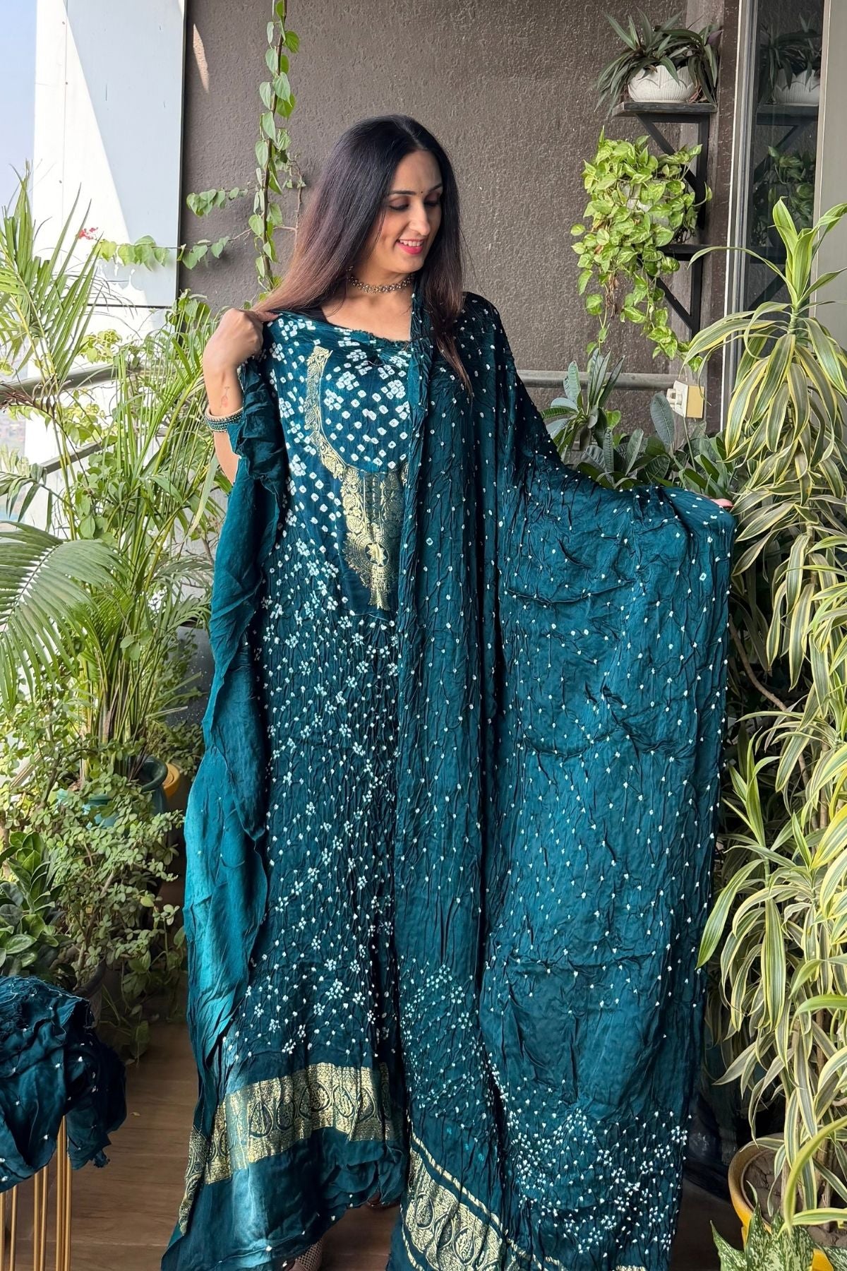 Pure modal silk full set with hand done bandhani and zari weaving!!