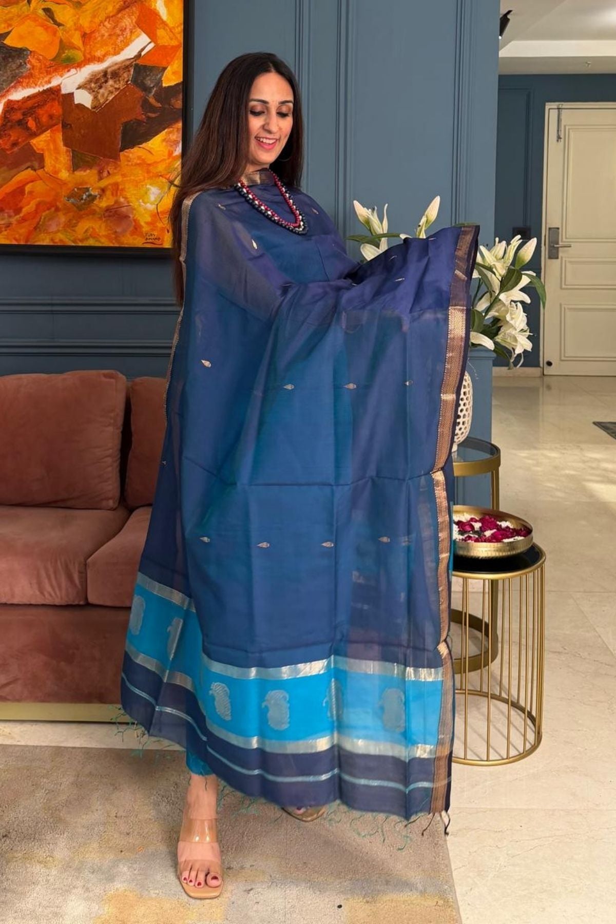 Maheshwari handloom silk by cotton kurta dupatta set