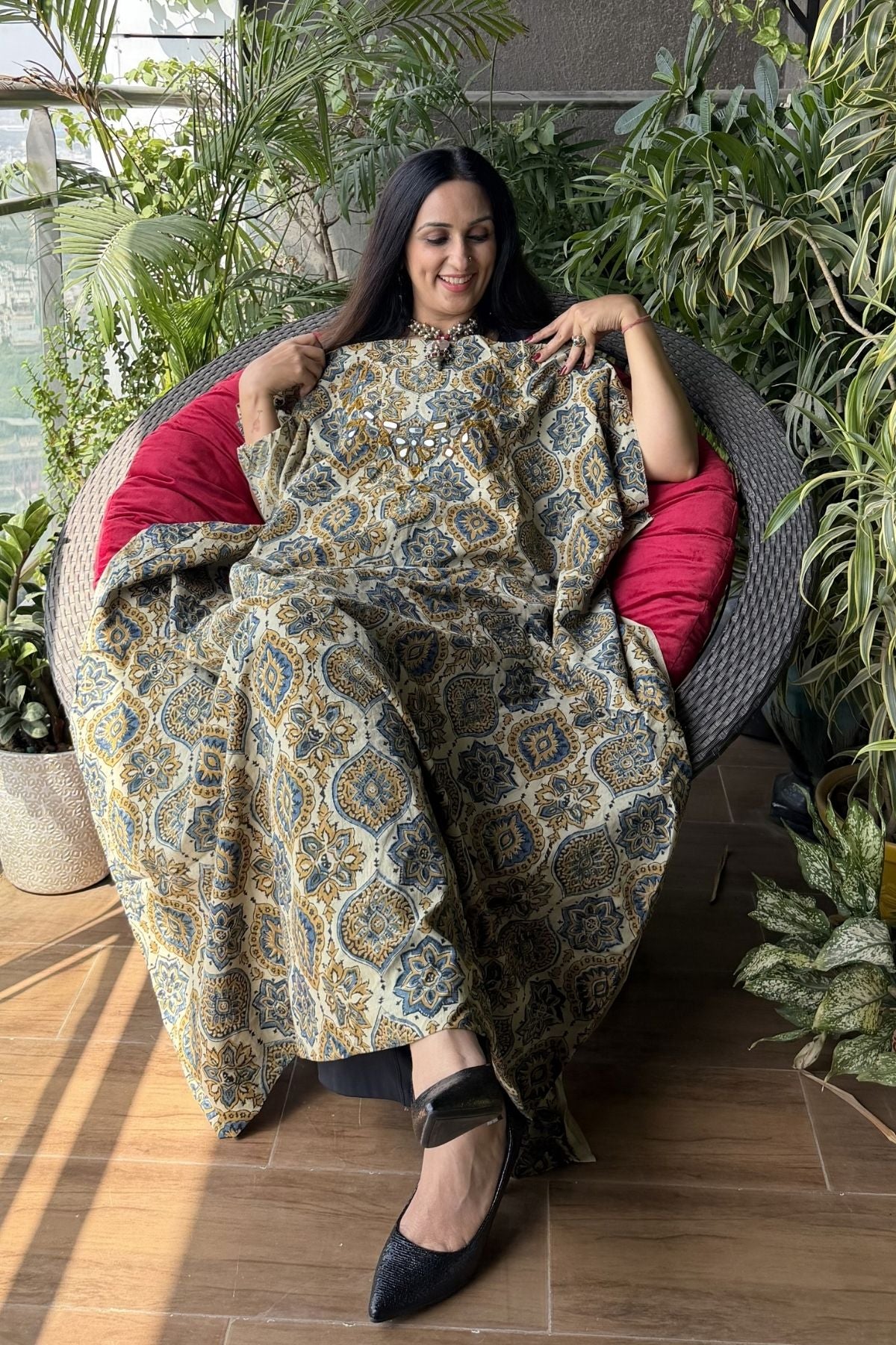 Handblocked pure cotton kurta with Kutch mirror work embroidery!!