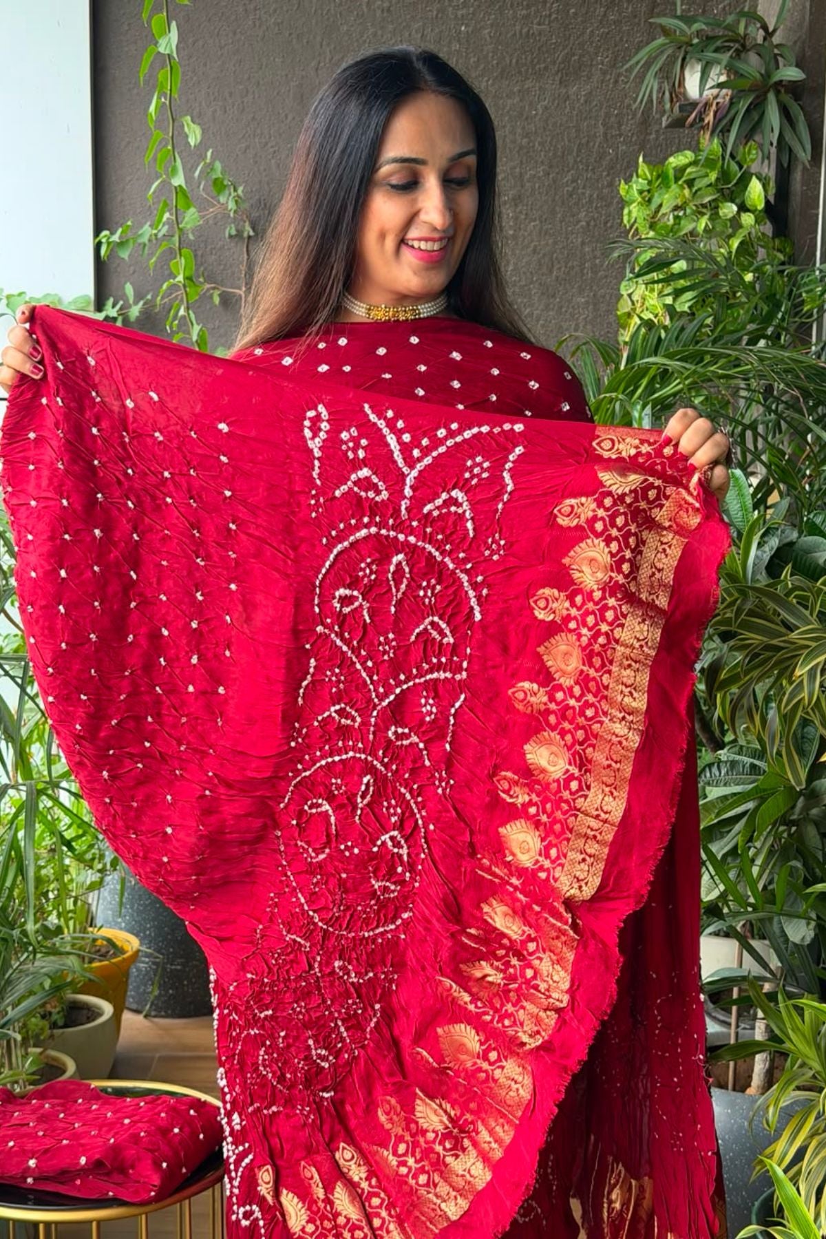 Pure modal silk full set with hand done bandhani and zari weaving!!