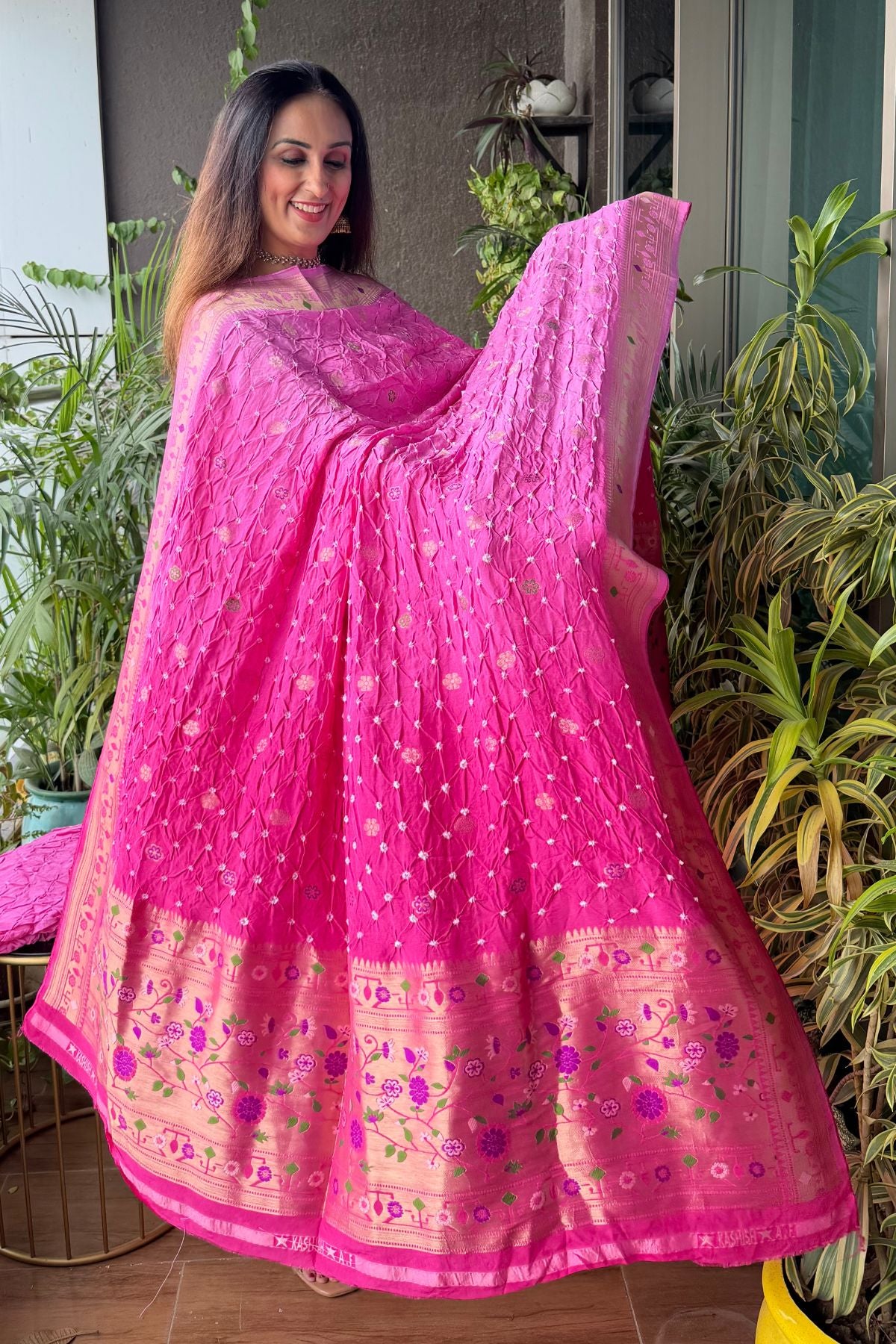 Pure gaji silk full set with hand done bandhani and zari weaving!!