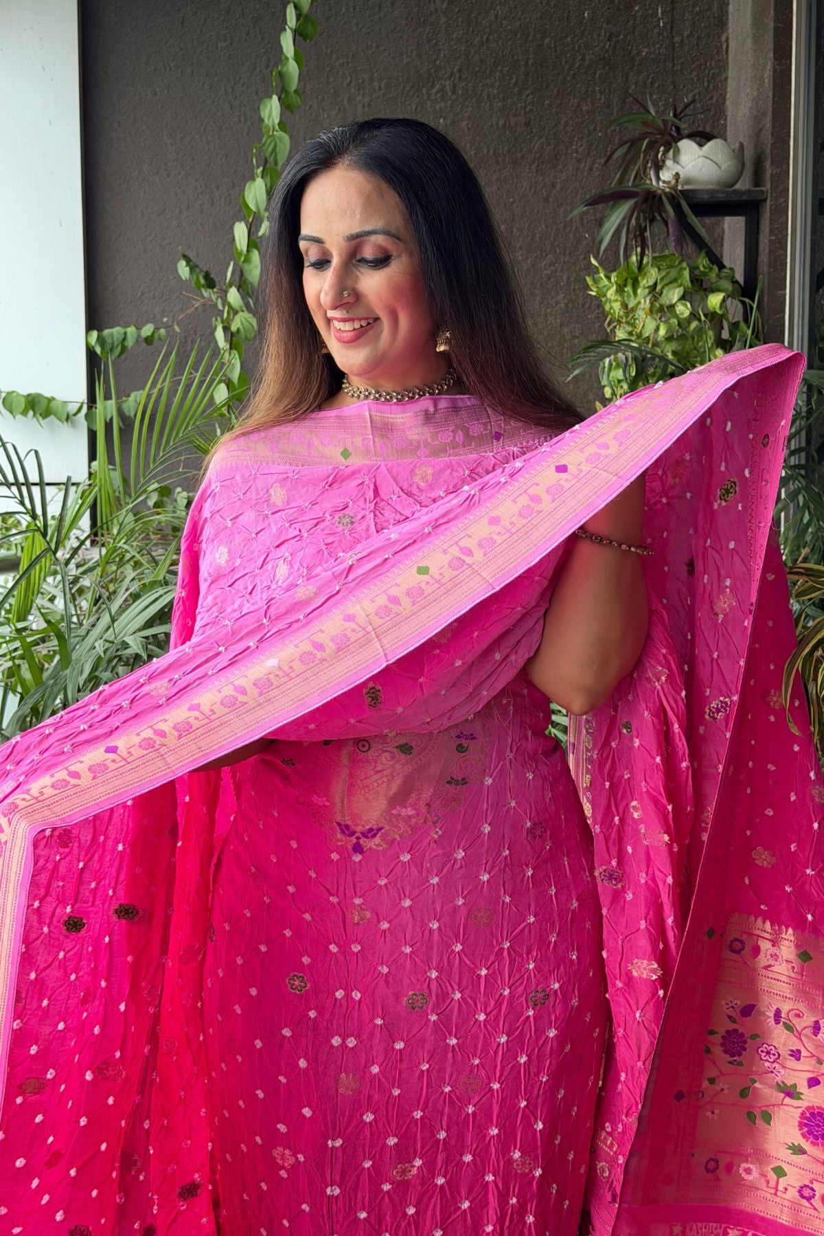 Pure gaji silk full set with hand done bandhani and zari weaving!!