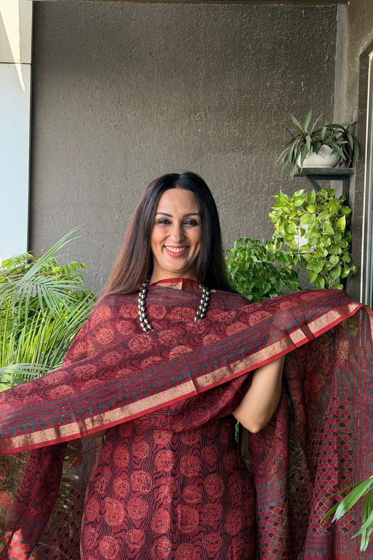 Ajrakh On Pure Linen Silk