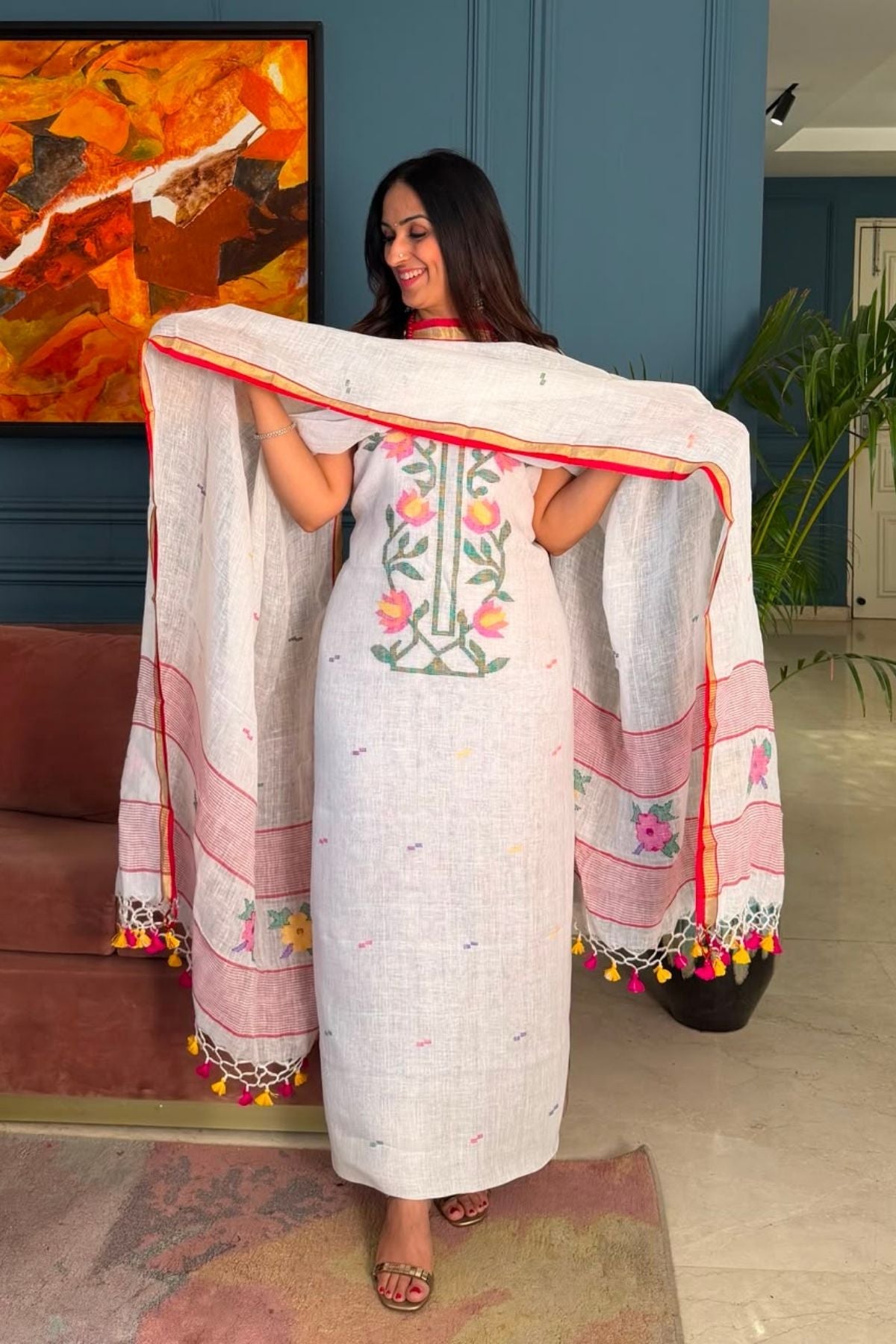 Jamdani weave kurta dupatta set on 100 count linen by linen!!