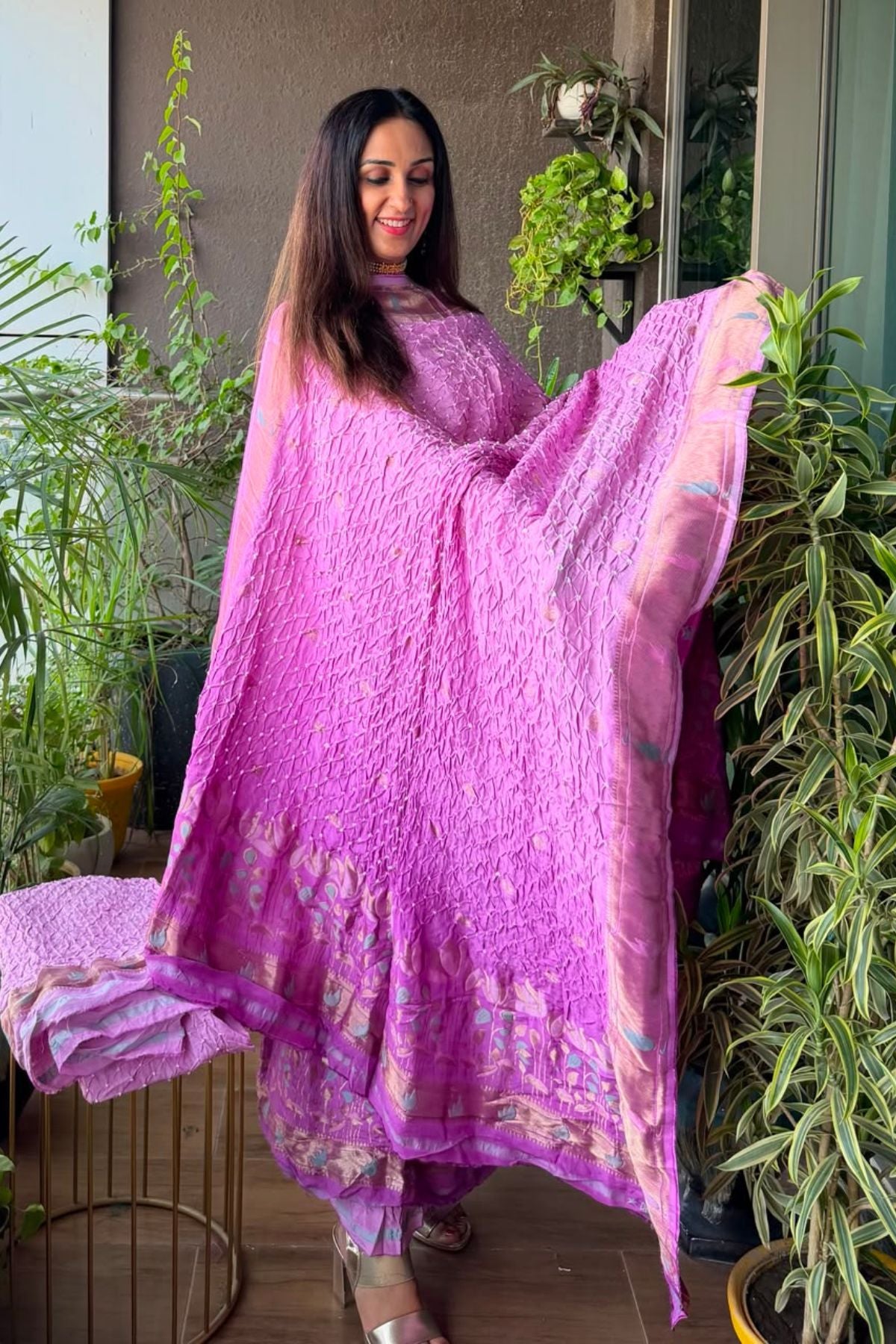 Pure gaji silk full set with hand done bandhani and zari weaving!!
