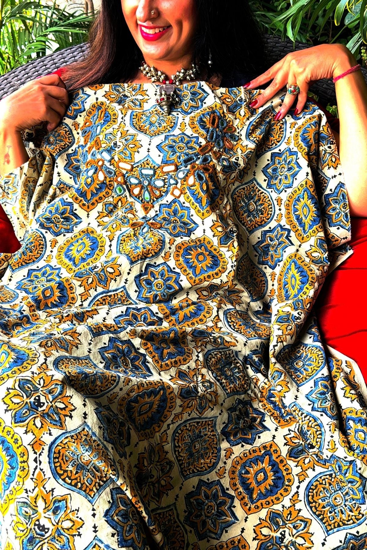 Handblocked pure cotton kurta with Kutch mirror work embroidery!!
