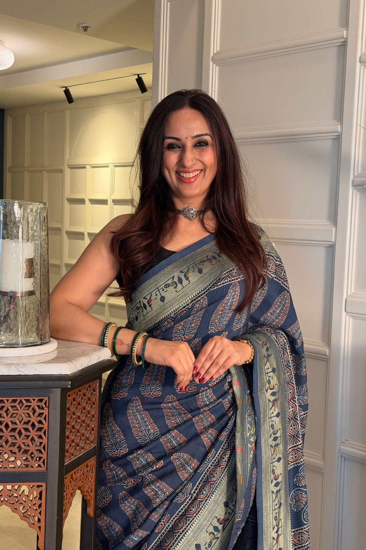 Handblocked Ajrakh with Paithani weave on pure modal saree!!