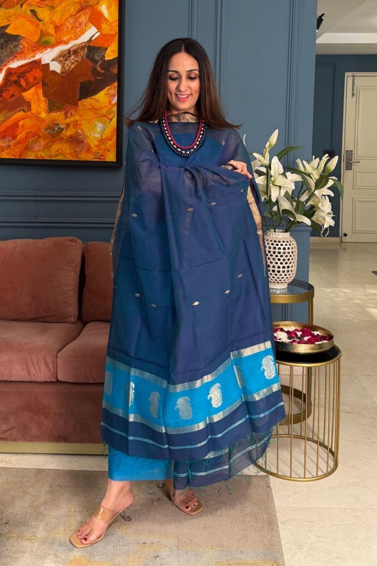 Maheshwari handloom silk by cotton kurta dupatta set