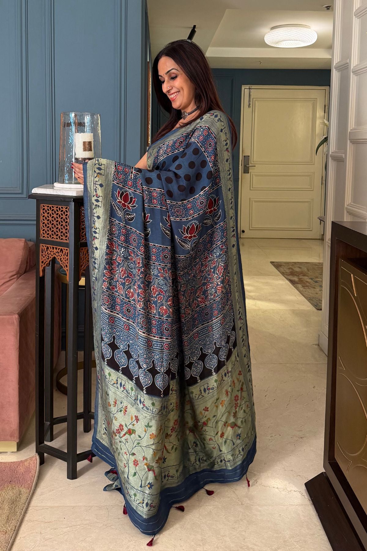 Handblocked Ajrakh with Paithani weave on pure modal saree!!