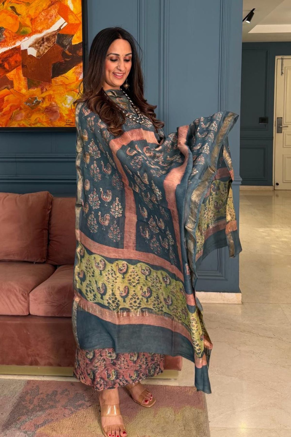 Handblocked with Pomegranate peel kurta dupatta sets in Maheshwari!!