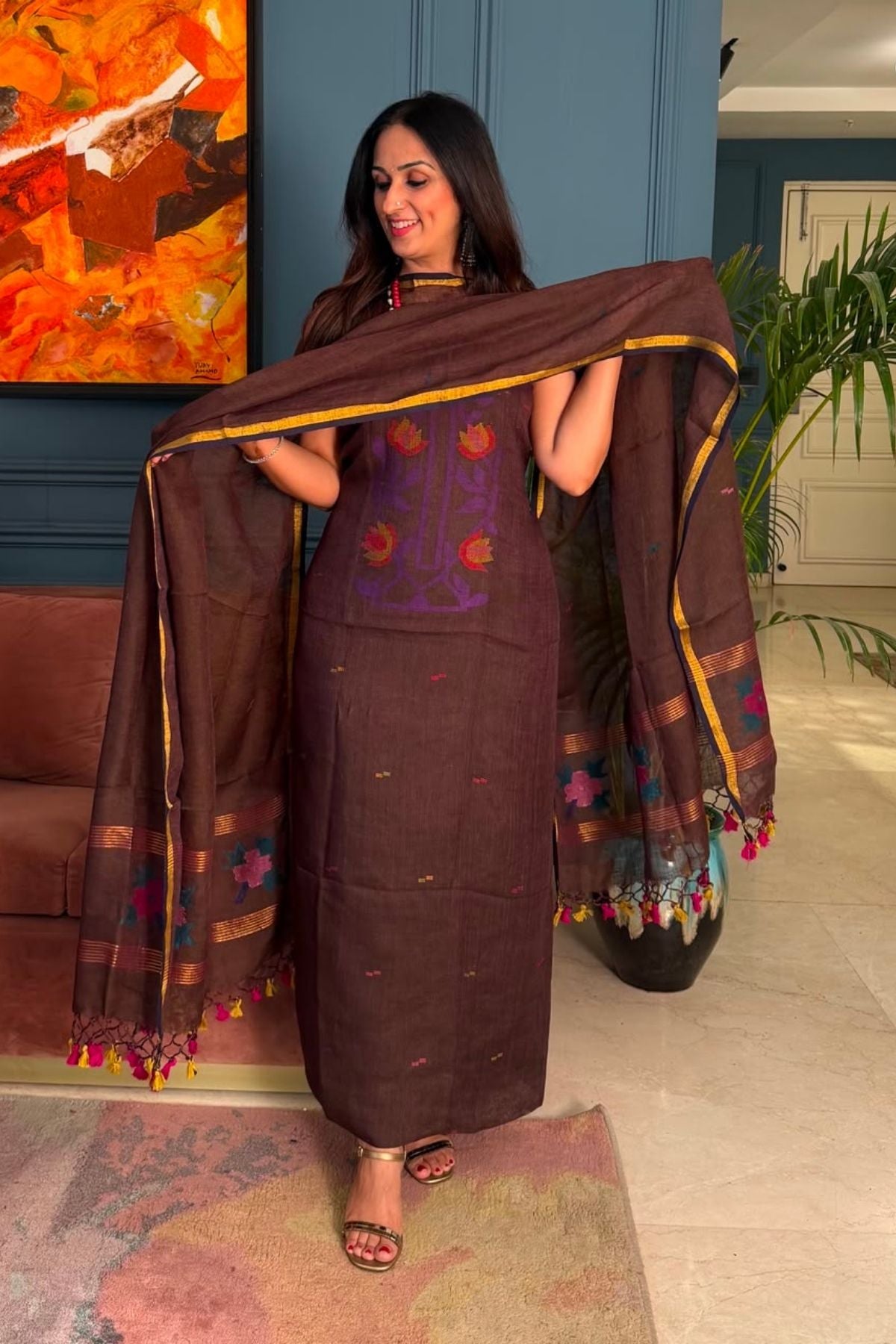 Jamdani weave kurta dupatta set on 100 count linen by linen!!