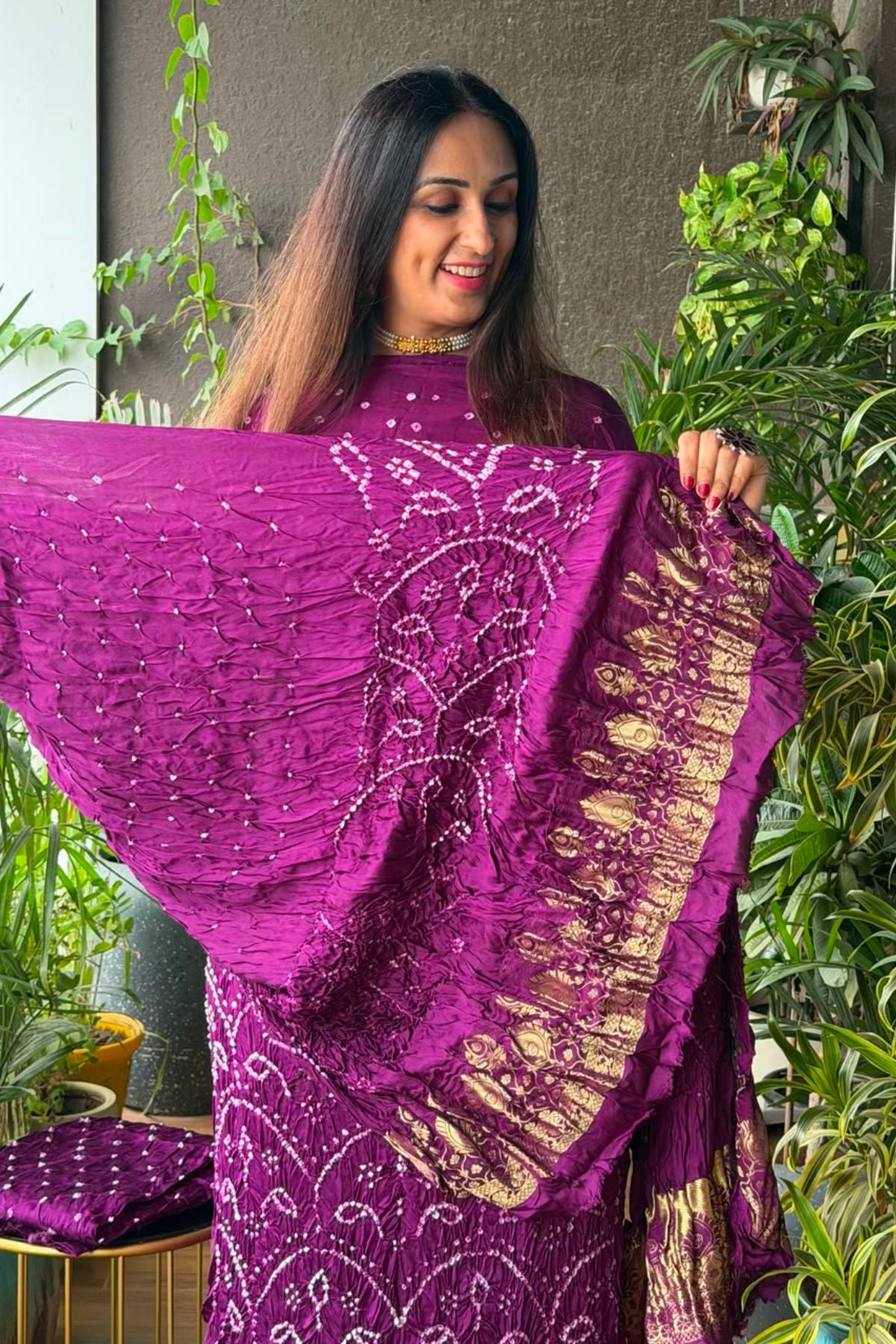 Pure modal silk full set with hand done bandhani and zari weaving!!