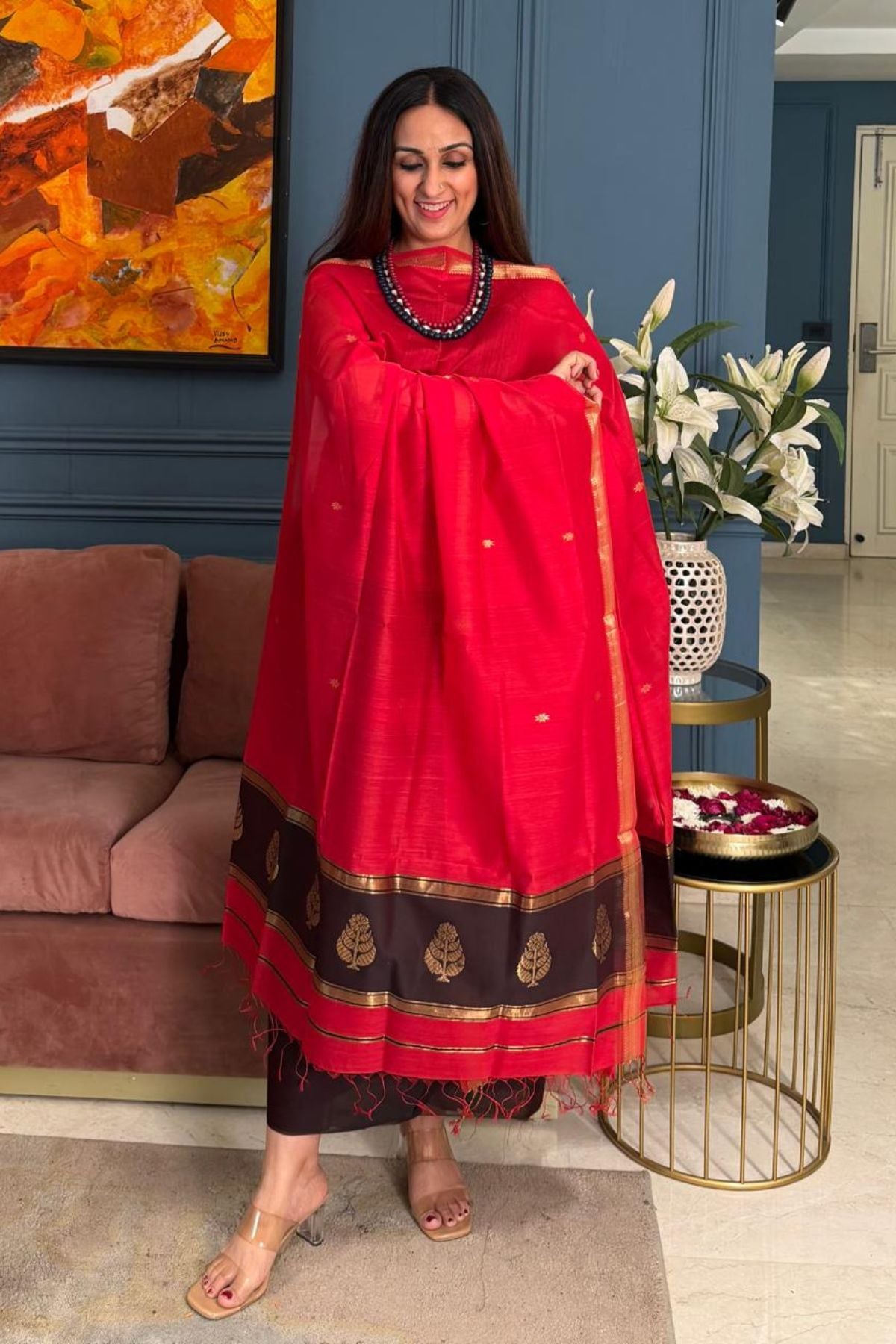 Maheshwari handloom silk by cotton kurta dupatta set