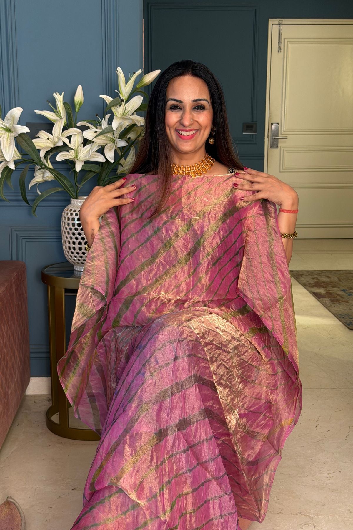 Pure tissue kurta with hand done leheriya!!