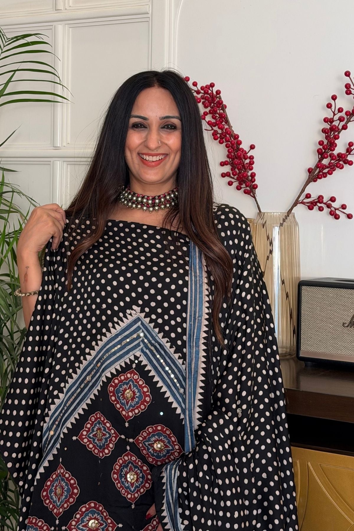 Handblocked Ajrakh kurta dupatta set with very intricate hand embroidery!!