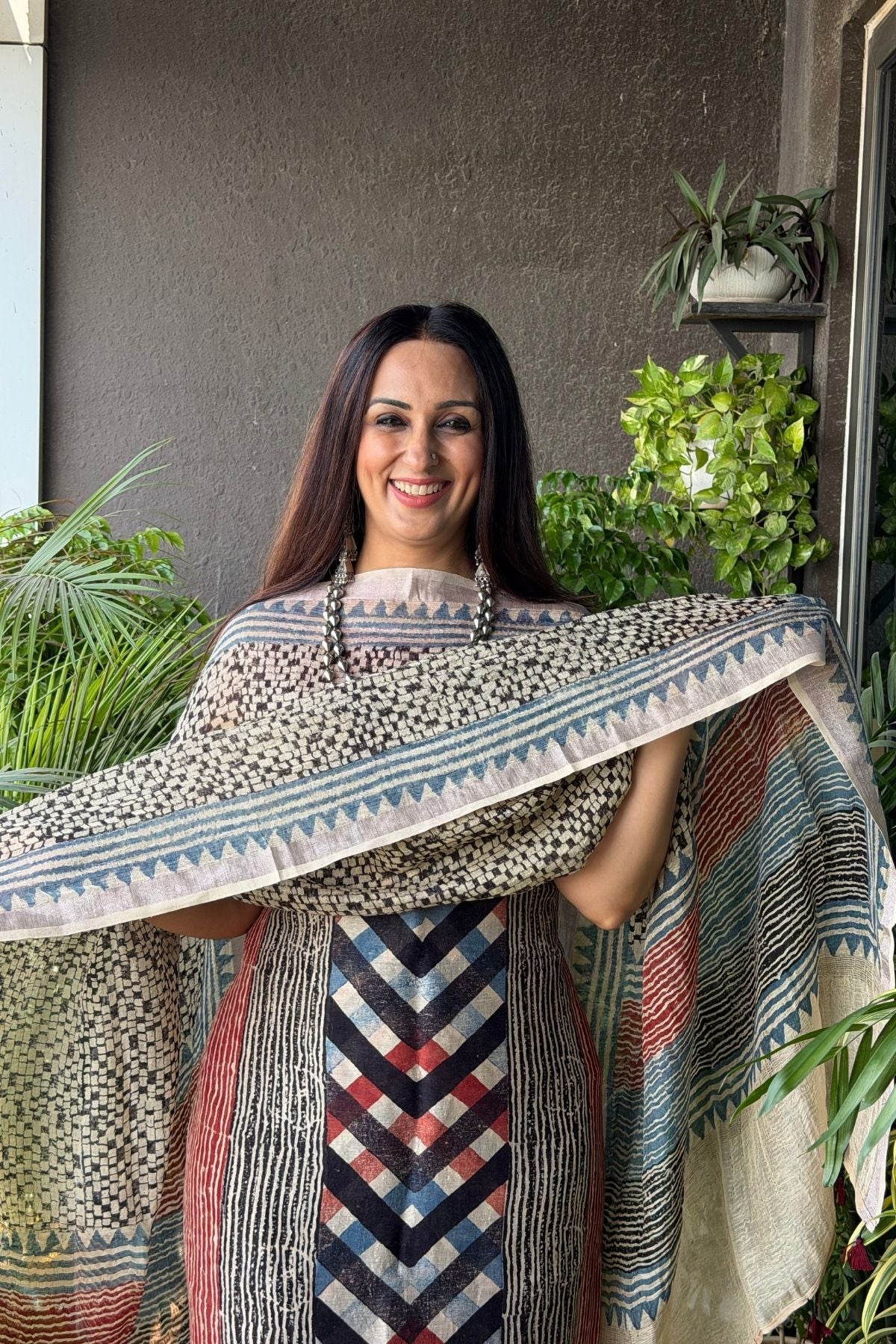 Ajrakh On Pure Linen Silk
