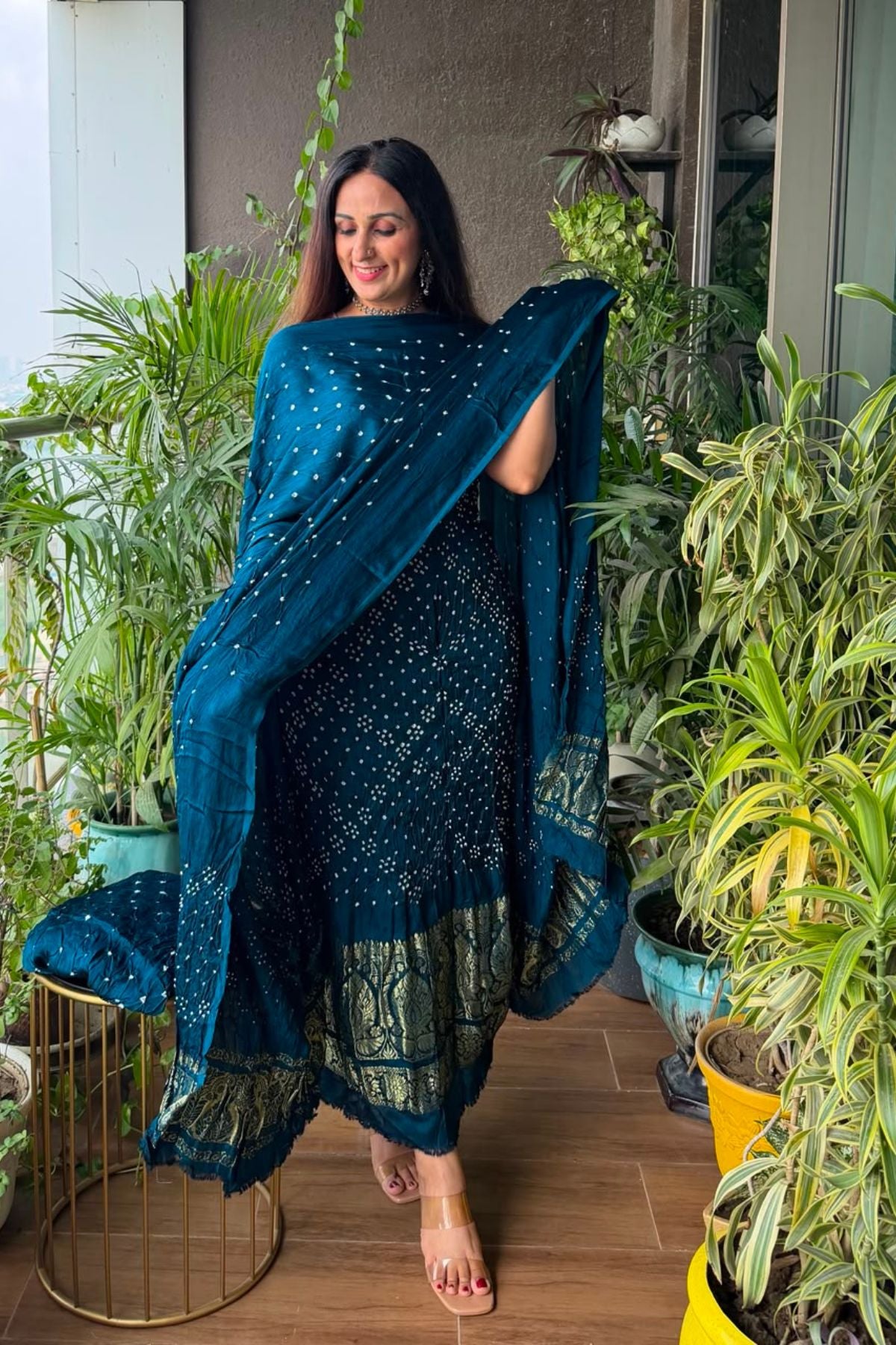 Pure modal silk full set with hand done bandhani and zari weaving!!
