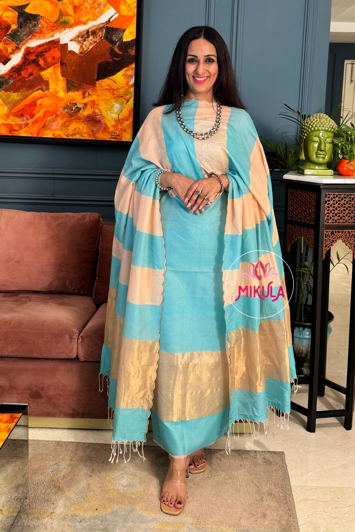 Beautiful Maheshwari weave silk by cotton kurta dupatta sets