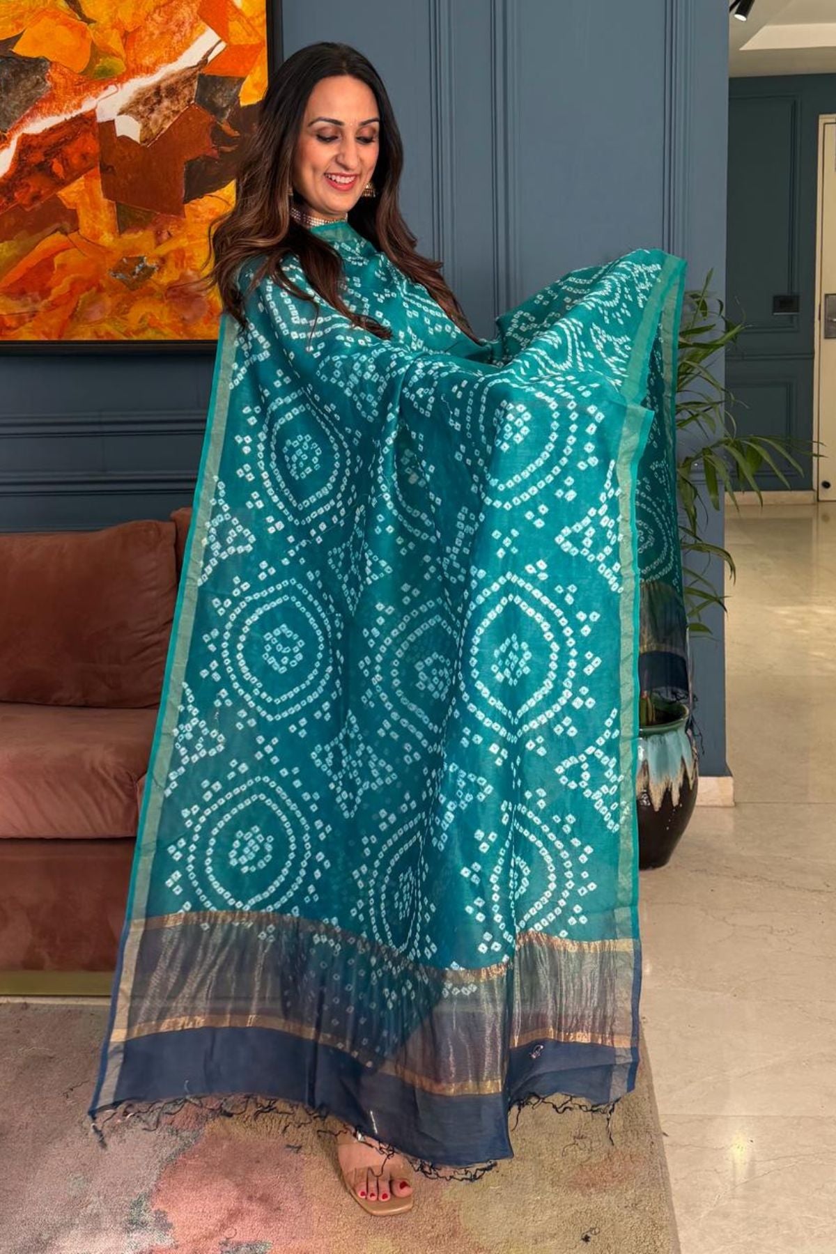 Bandhani kurta dupatta set on shaded Chanderi silk!!