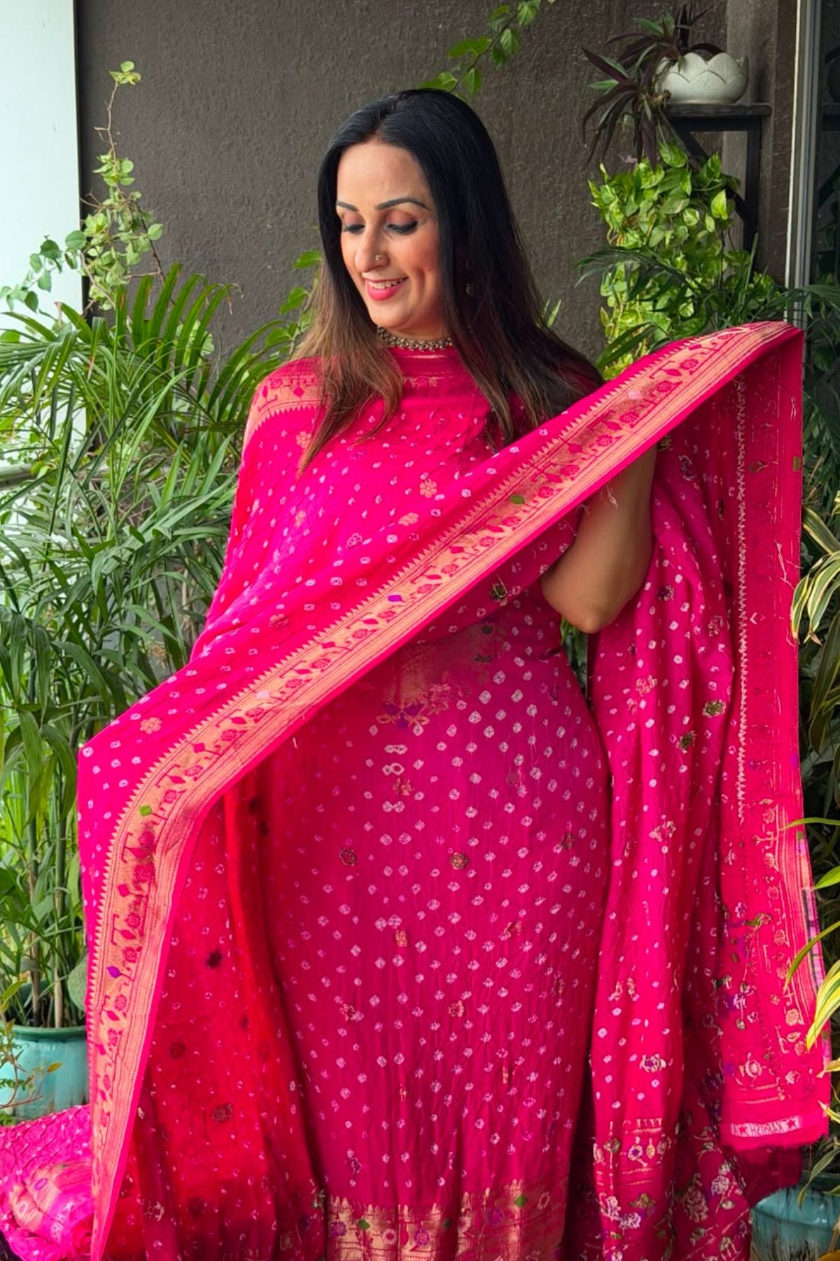 Pure gaji silk full set with hand done bandhani and zari weaving!!