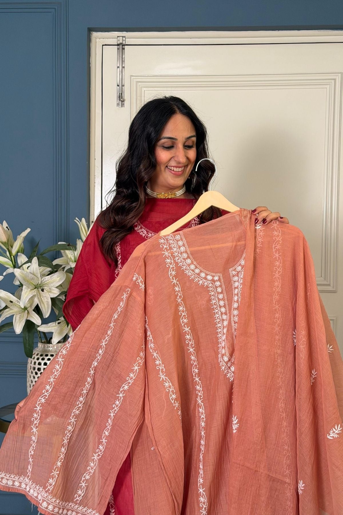 Pure Mul cotton semi stitched Chikankari kurta dupatta set!!!