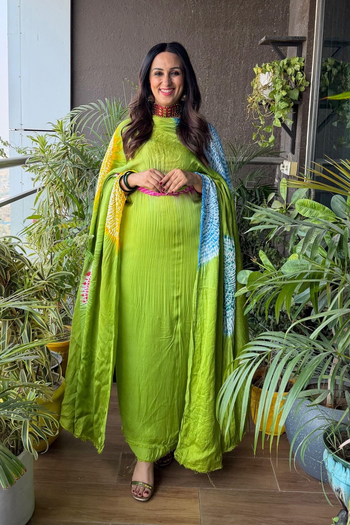 Hand Shibori on pure modal Satin-Kurta and dupatta set!!