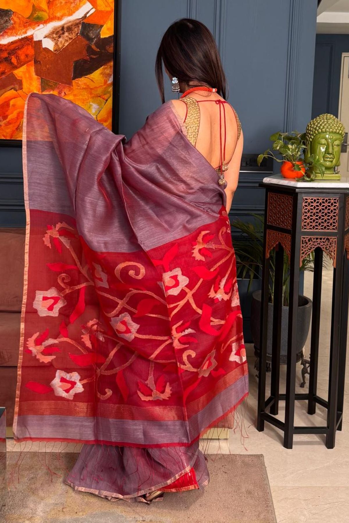 Handwoven Pure Silk linen saree with Jamdani weave