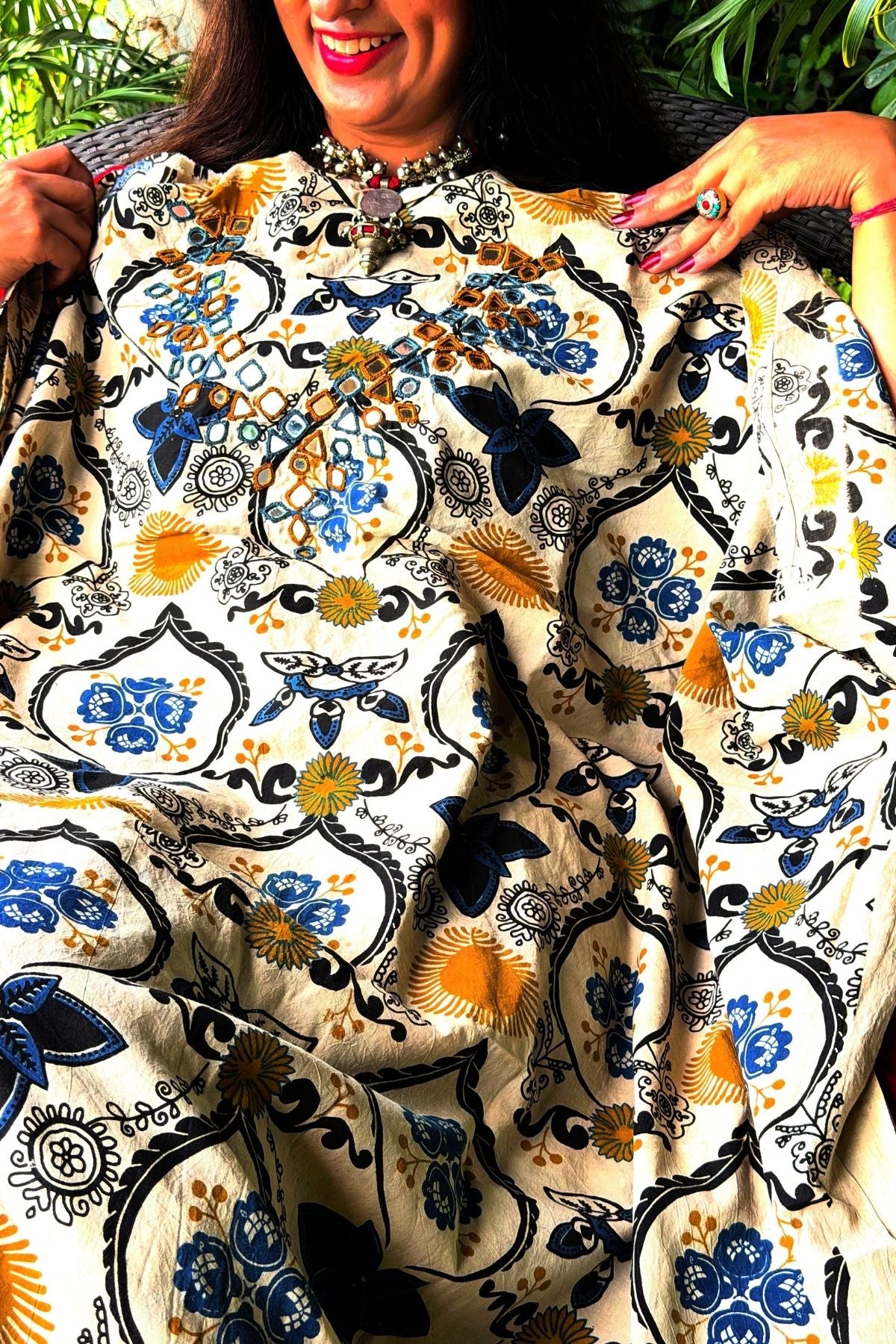 Handblocked pure cotton kurta with Kutch mirror work embroidery!!