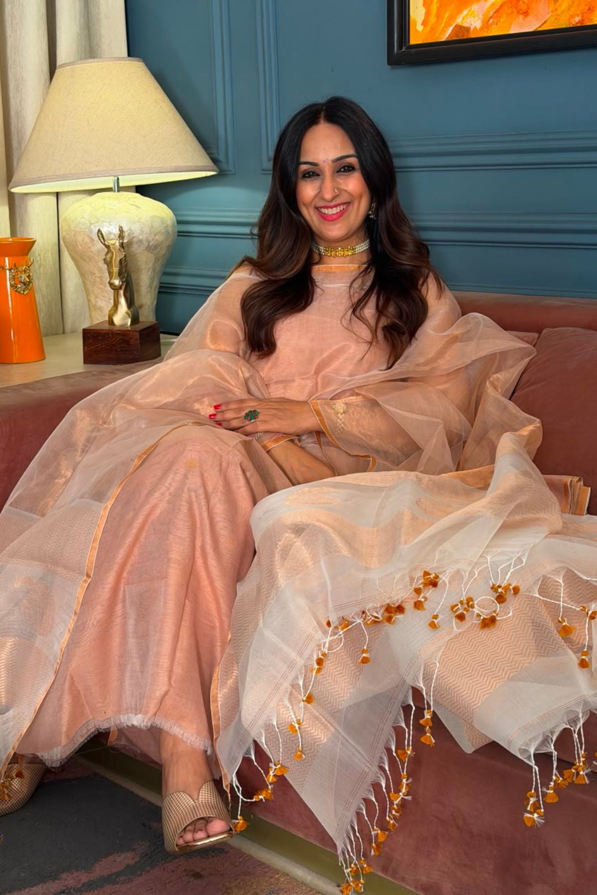 Metallic muslin tissue kurta dupatta set!!