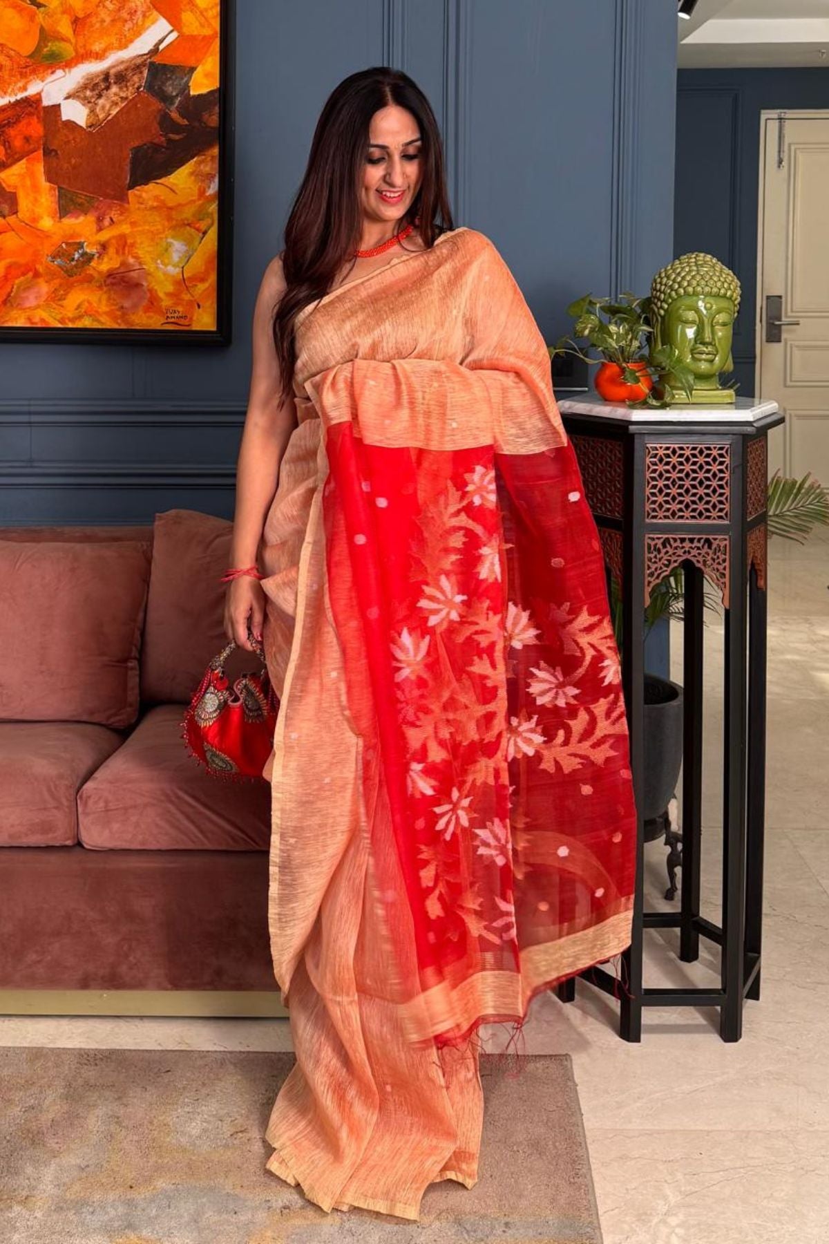 Handwoven Pure Silk linen saree with Jamdani weave