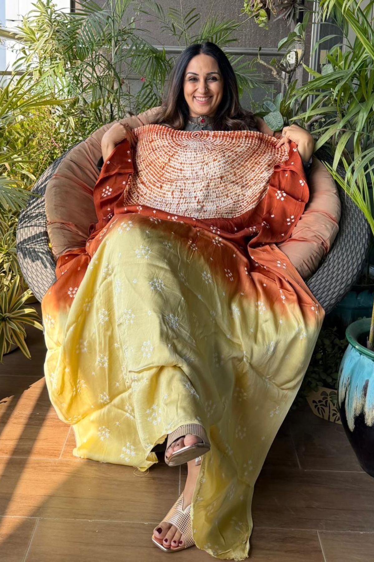 Handcrafted Shibori & Bandhani Kurta on pure modal satin