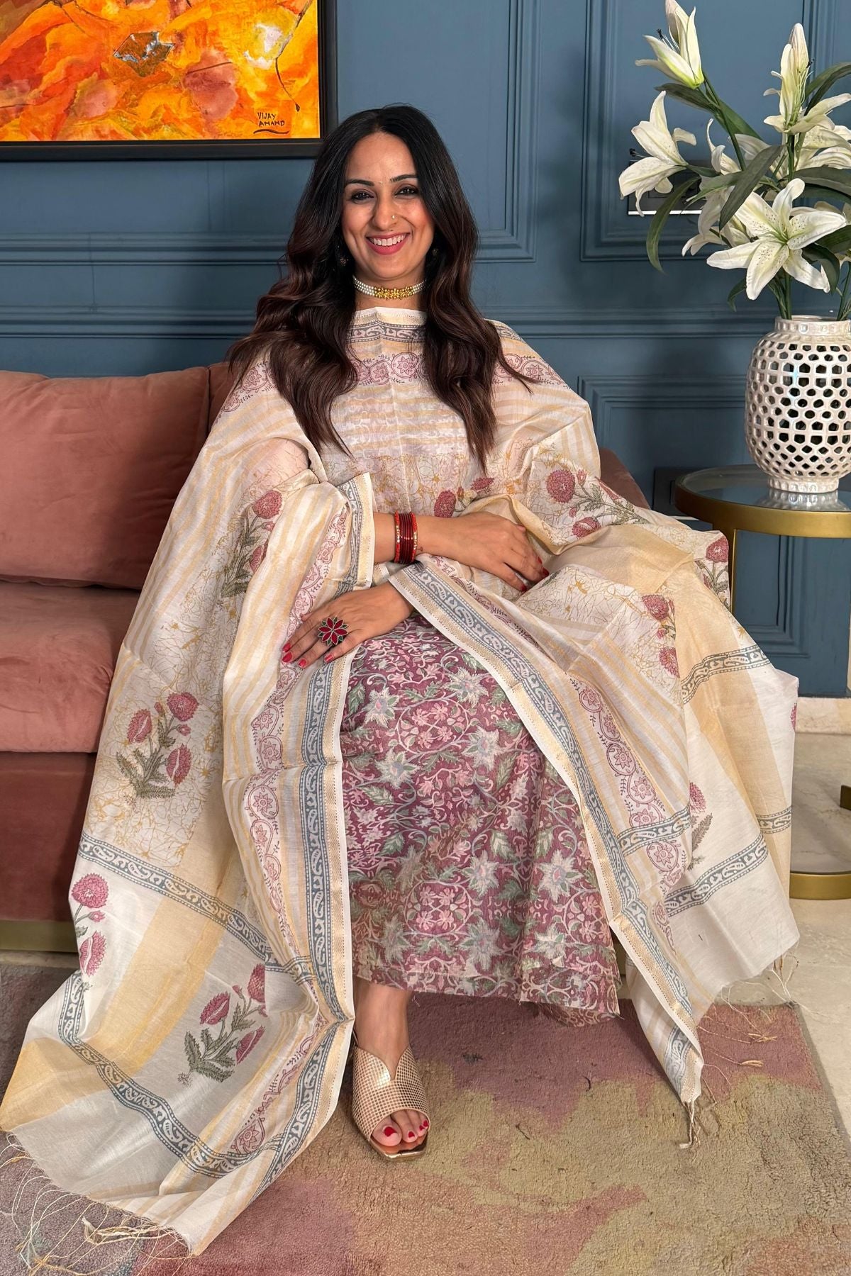 Handblocked Maheshwari kurta dupatta set!!