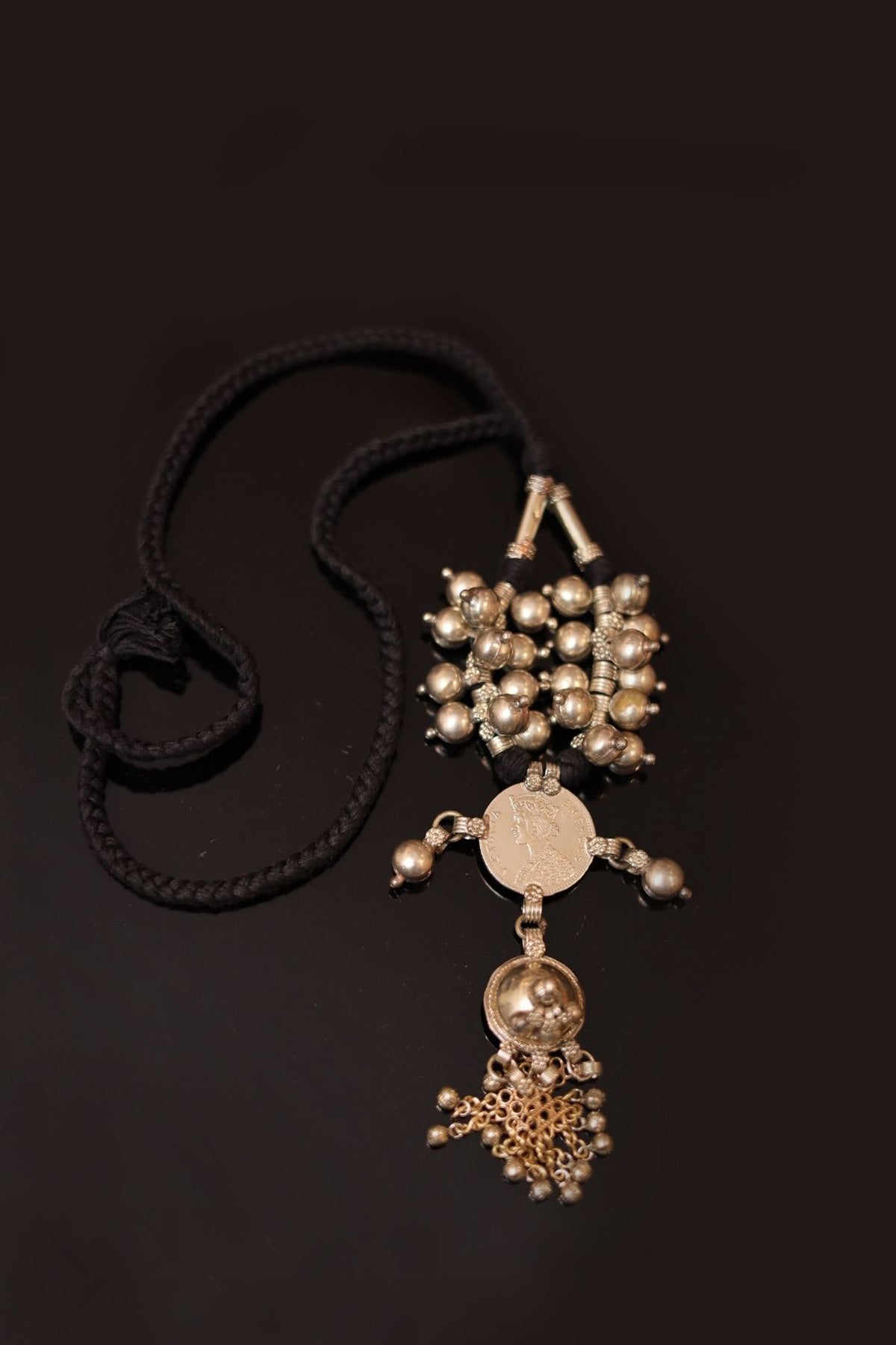 Black Threadwork with Handcrafted Brass Bead Necklace