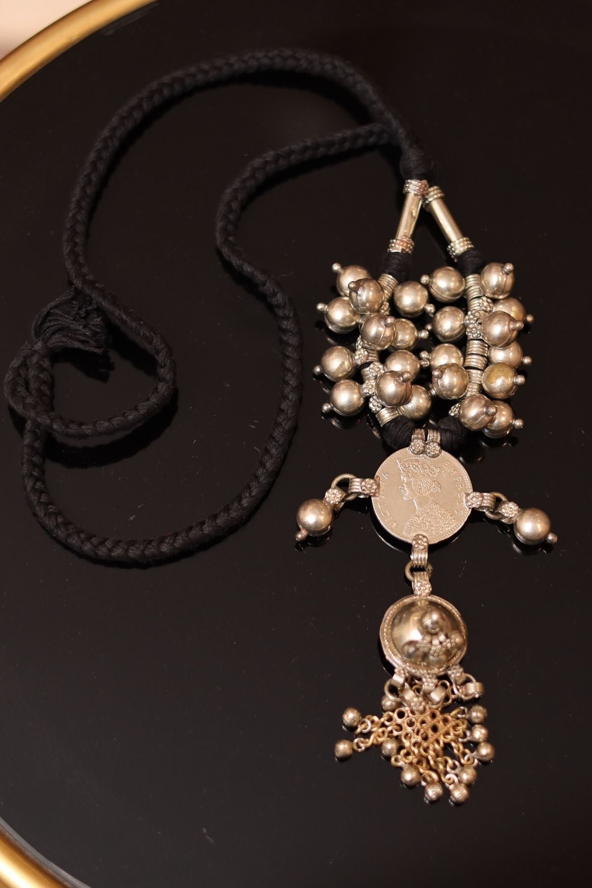 Black Threadwork with Handcrafted Brass Bead Necklace