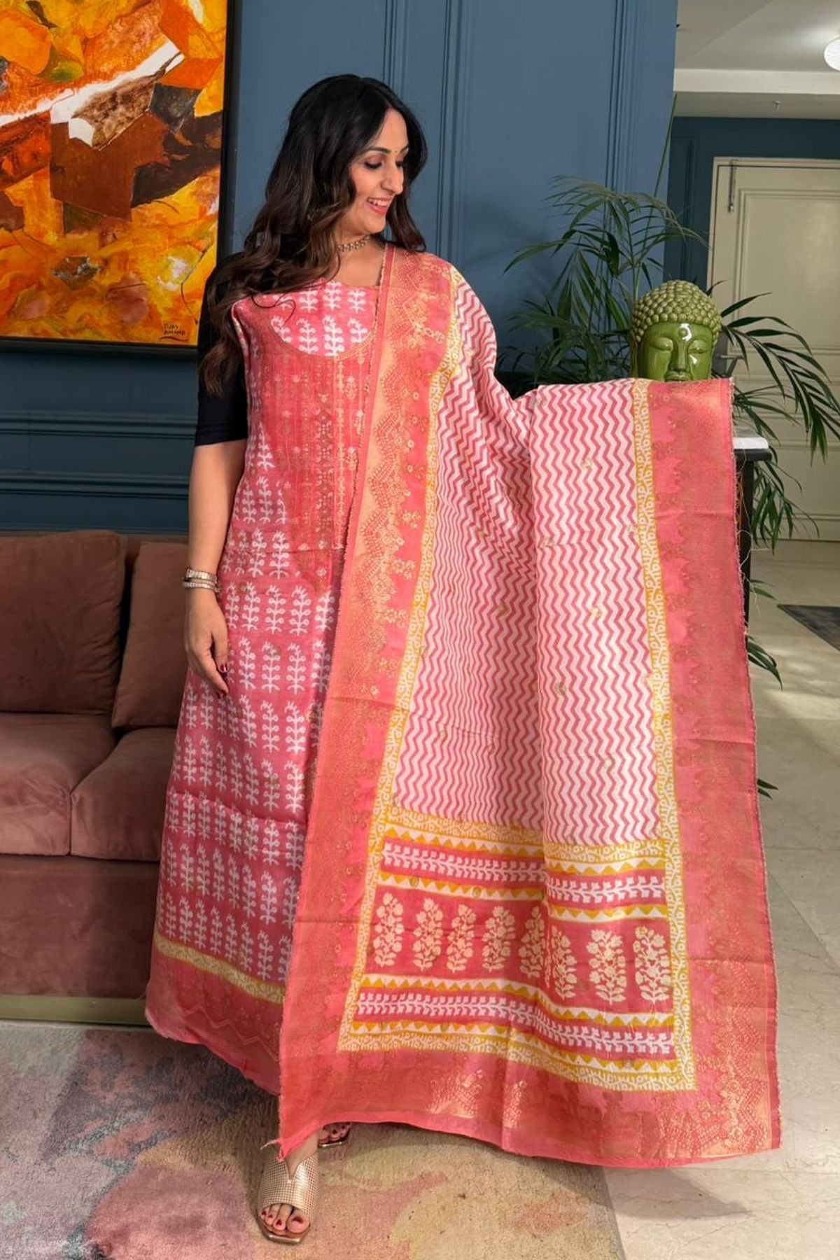 Handblocked Bagh indigo sets on Dola Silk