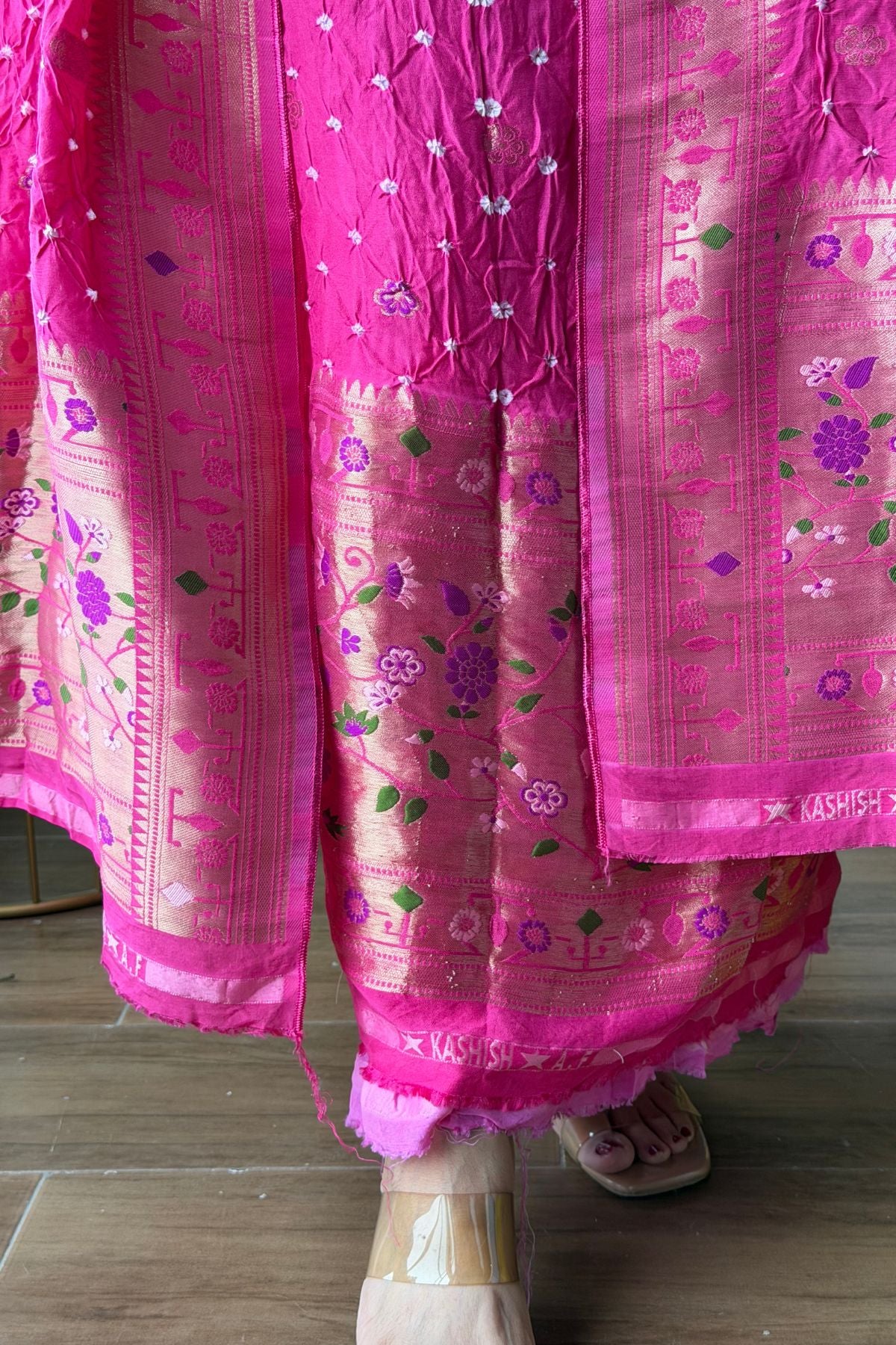 Pure gaji silk full set with hand done bandhani and zari weaving!!
