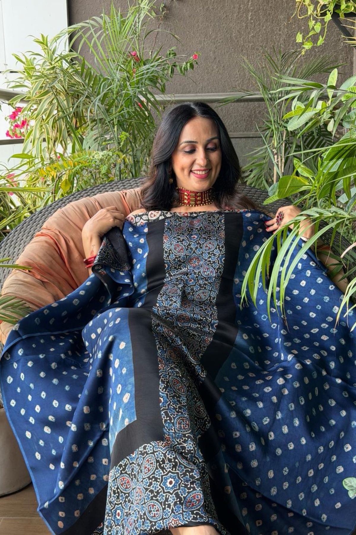 Handblocked Ajrakh Bandhani modal kurta fabric!!!