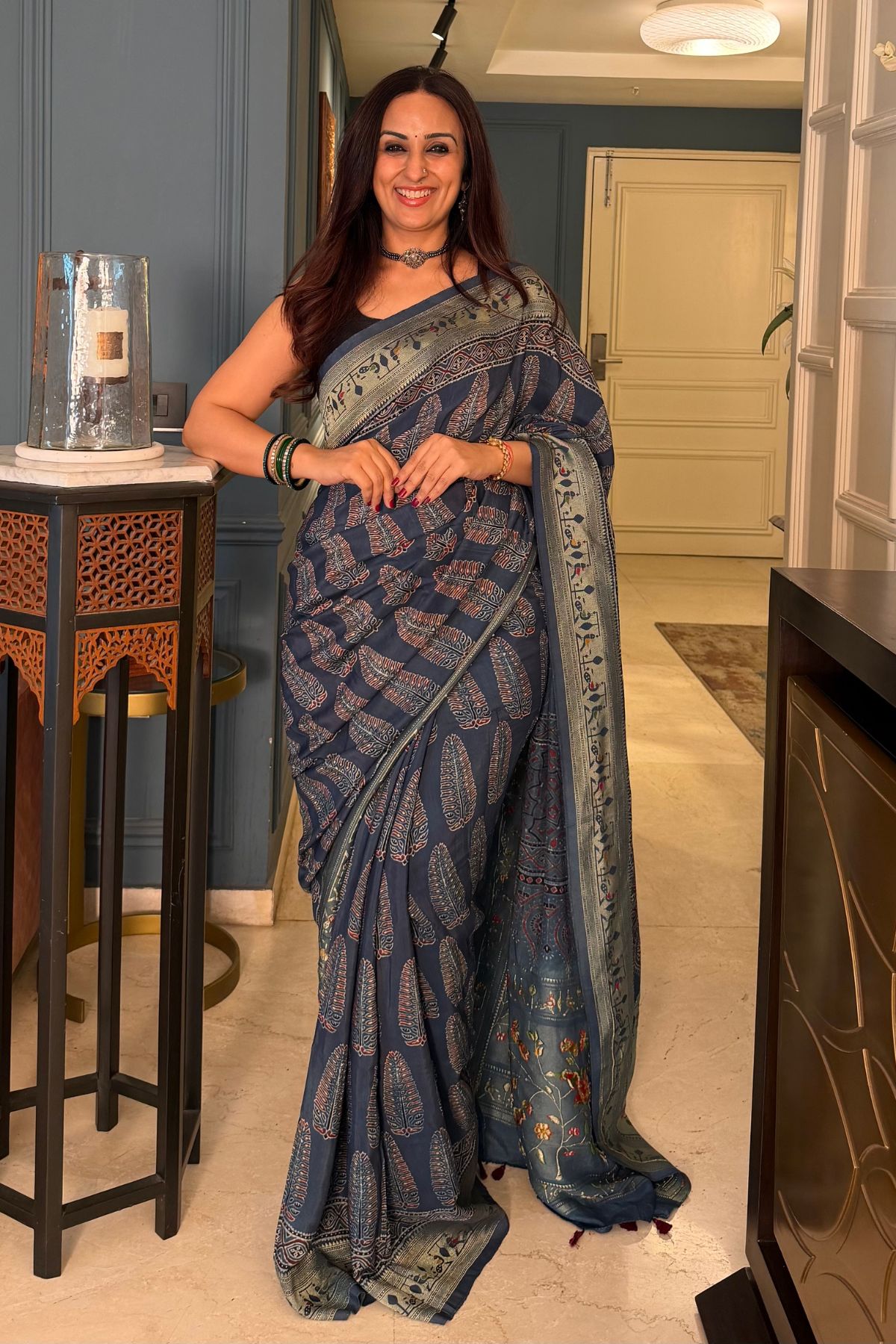 Handblocked Ajrakh with Paithani weave on pure modal saree!!