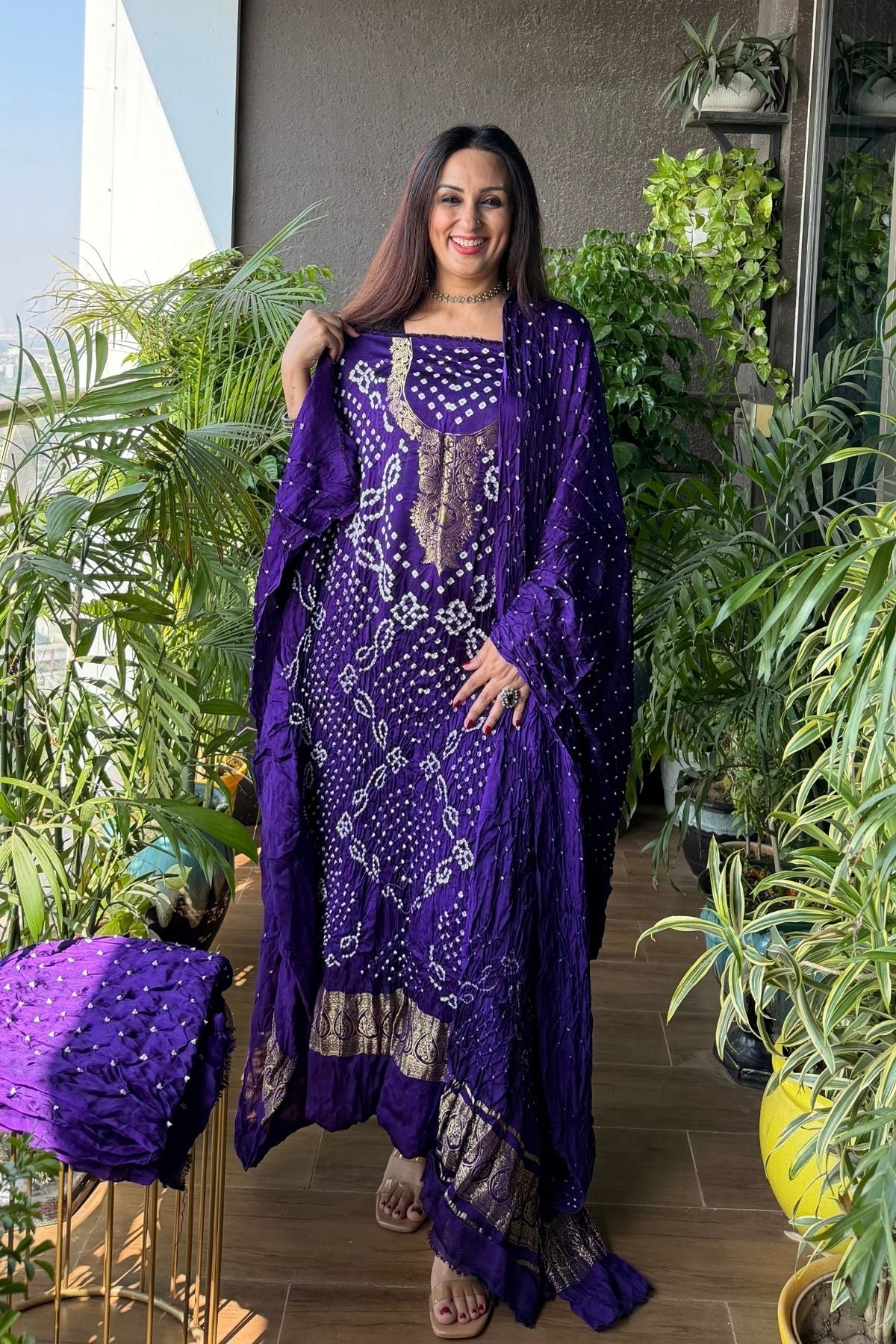 Pure modal silk full set with hand done bandhani and zari weaving!!