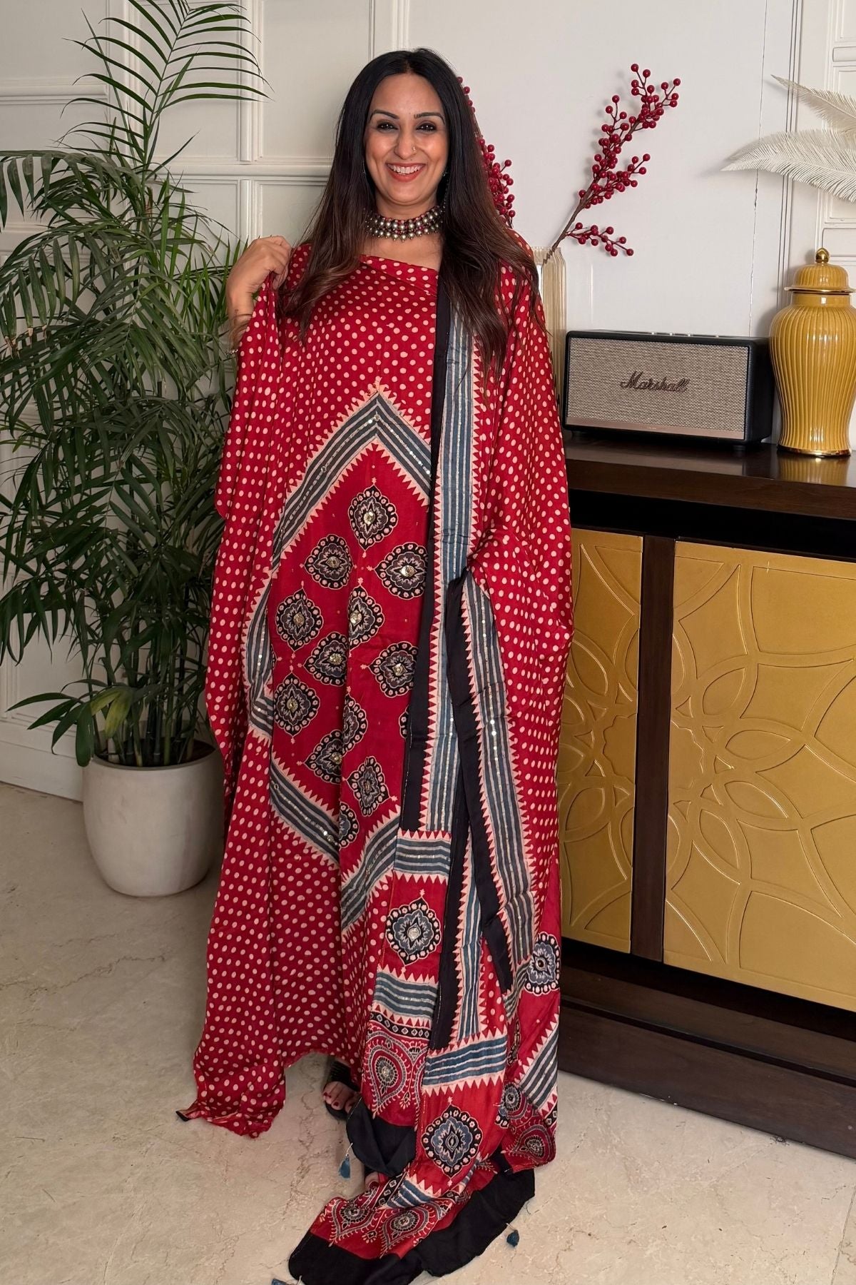 Handblocked Ajrakh kurta dupatta set with very intricate hand embroidery!!