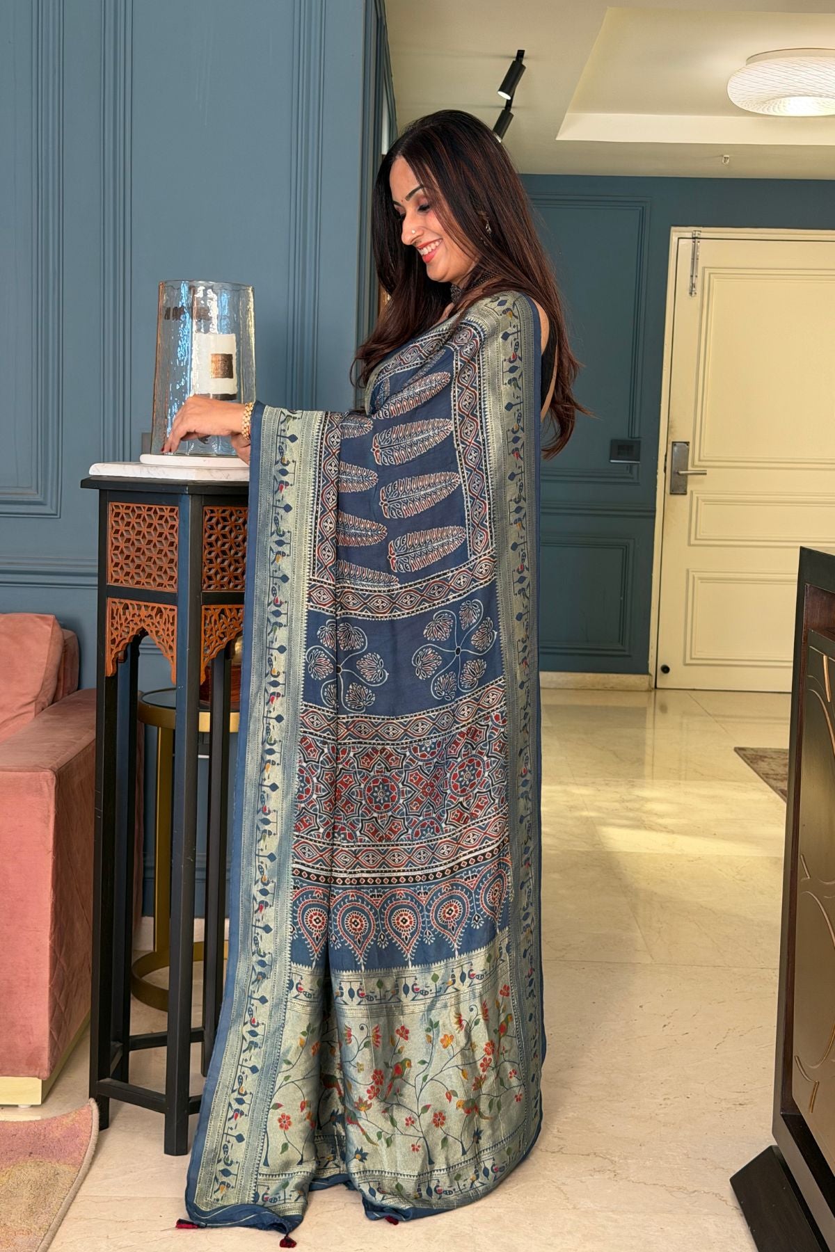 Handblocked Ajrakh with Paithani weave on pure modal saree!!