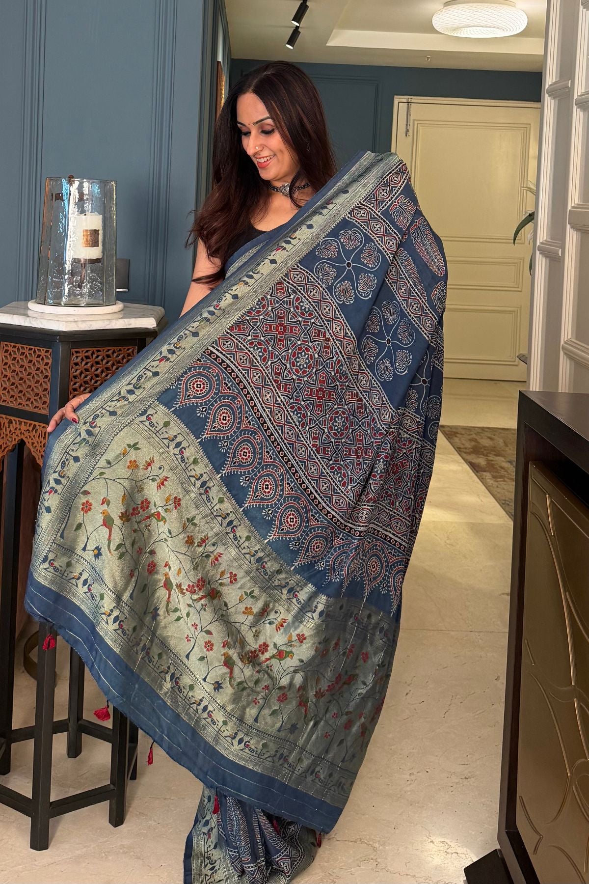 Handblocked Ajrakh with Paithani weave on pure modal saree!!