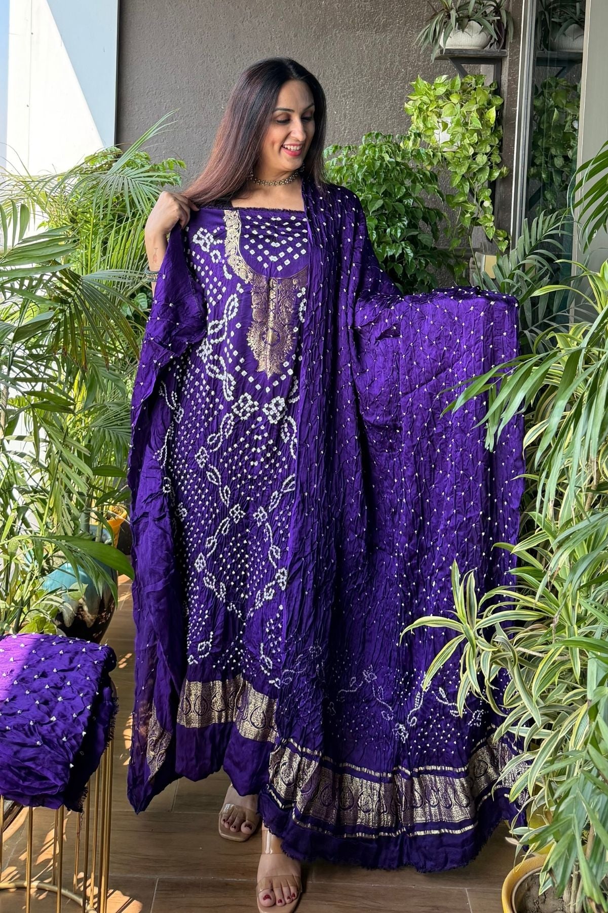 Pure modal silk full set with hand done bandhani and zari weaving!!
