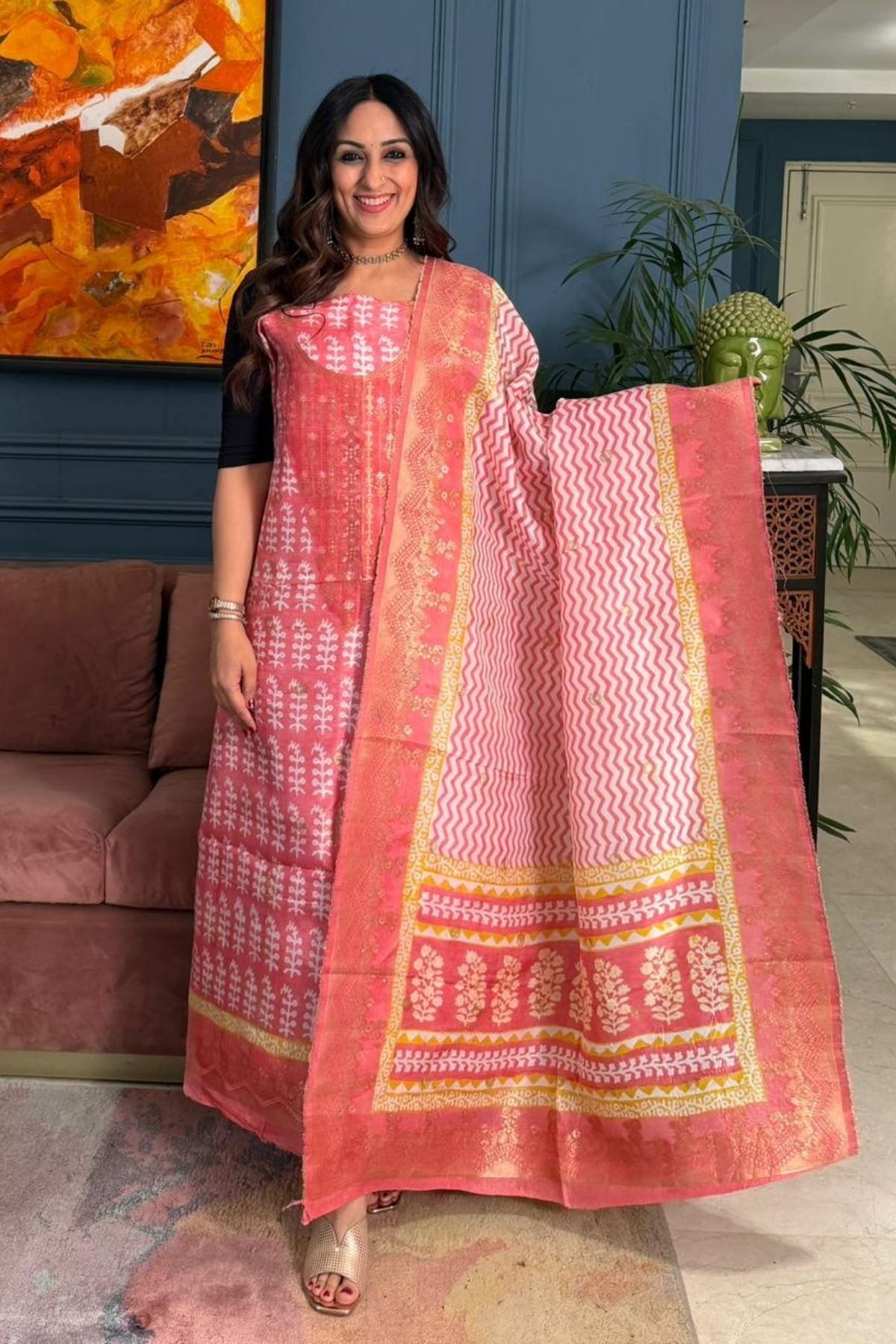 Handblocked Bagh indigo sets on Dola Silk