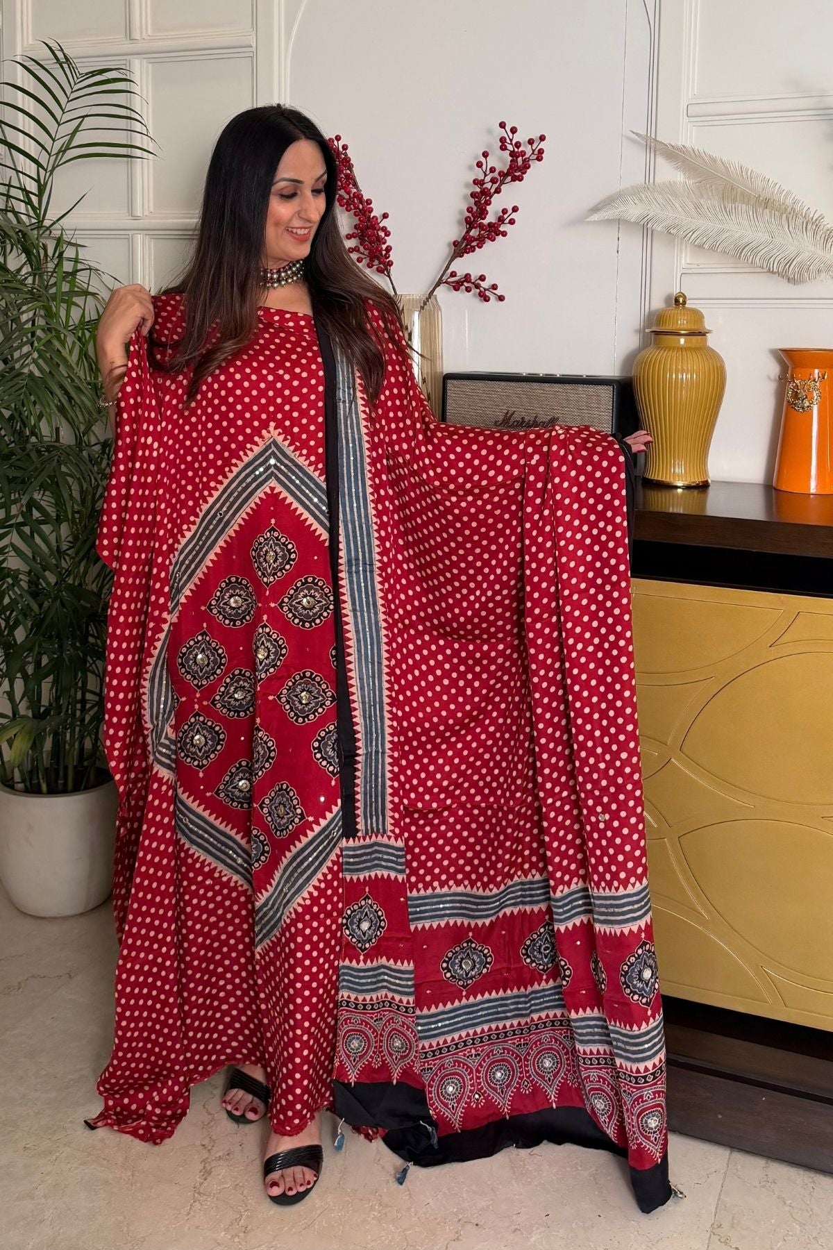 Handblocked Ajrakh kurta dupatta set with very intricate hand embroidery!!
